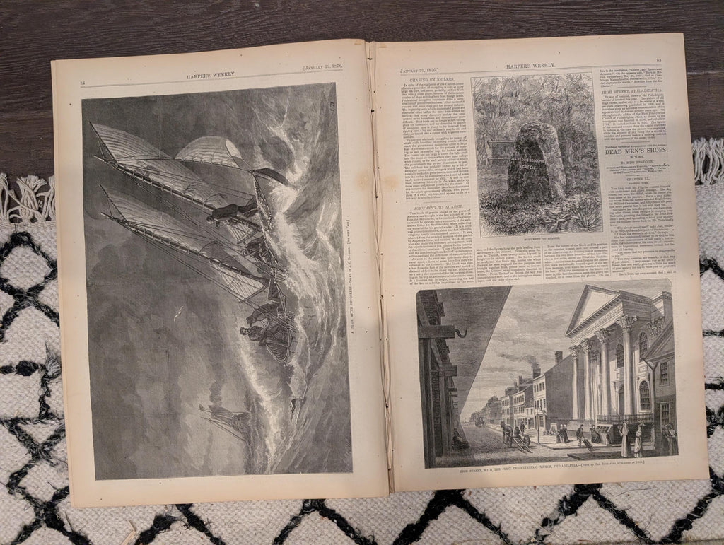 Harper’s Weekly January 29, 1876 – Victorian Engravings, Deer Stalking, Iceland Scenes, Elephant Fight, Smugglers Chase