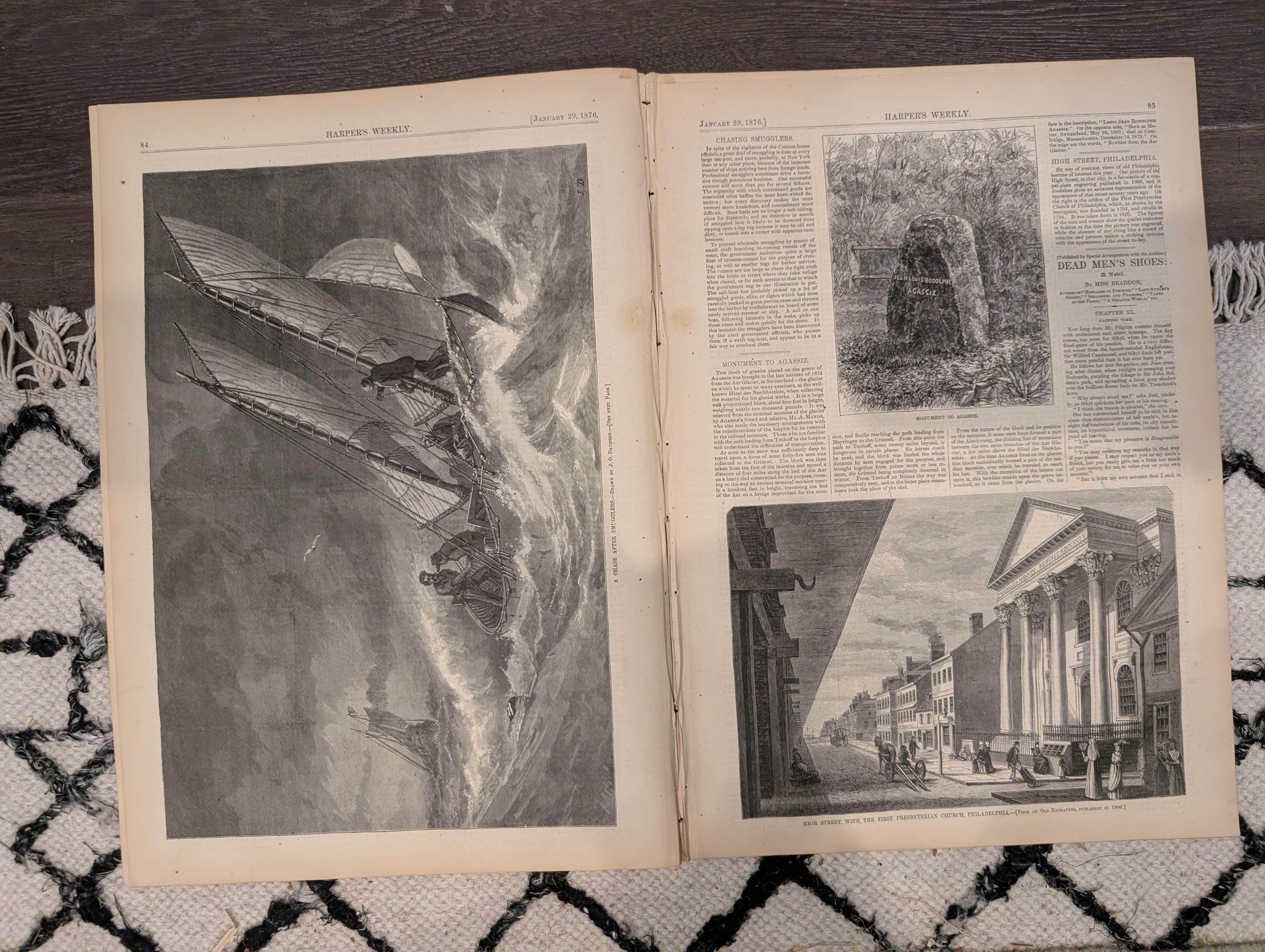 Harper’s Weekly January 29, 1876 – Victorian Engravings, Deer Stalking, Iceland Scenes, Elephant Fight, Smugglers Chase