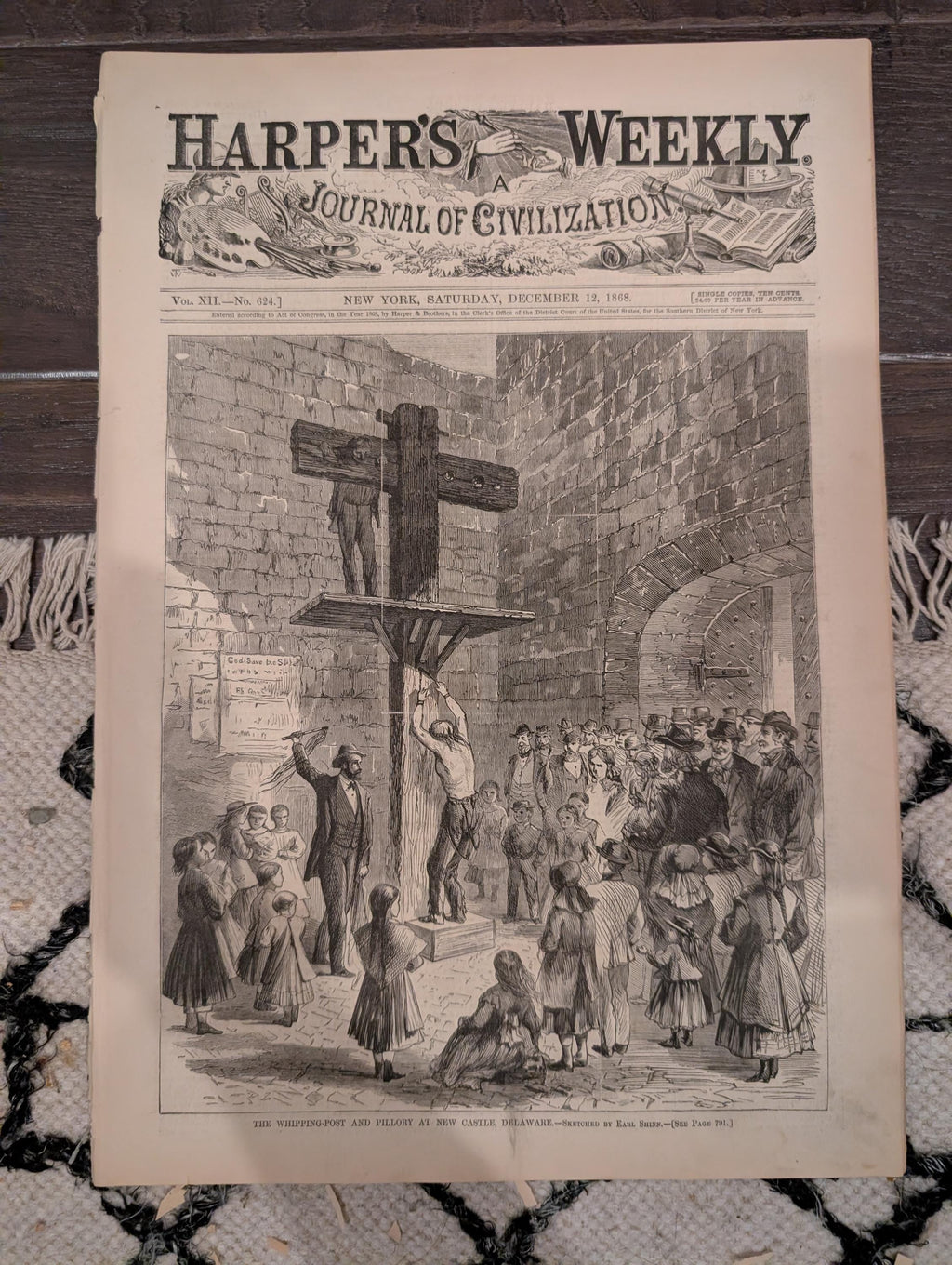 Harper’s Weekly – December 12, 1868 – Whipping Post • Alaska Interior • Newsboys in Richmond • Philadelphia Tragedy • Madrid Execution Scaff