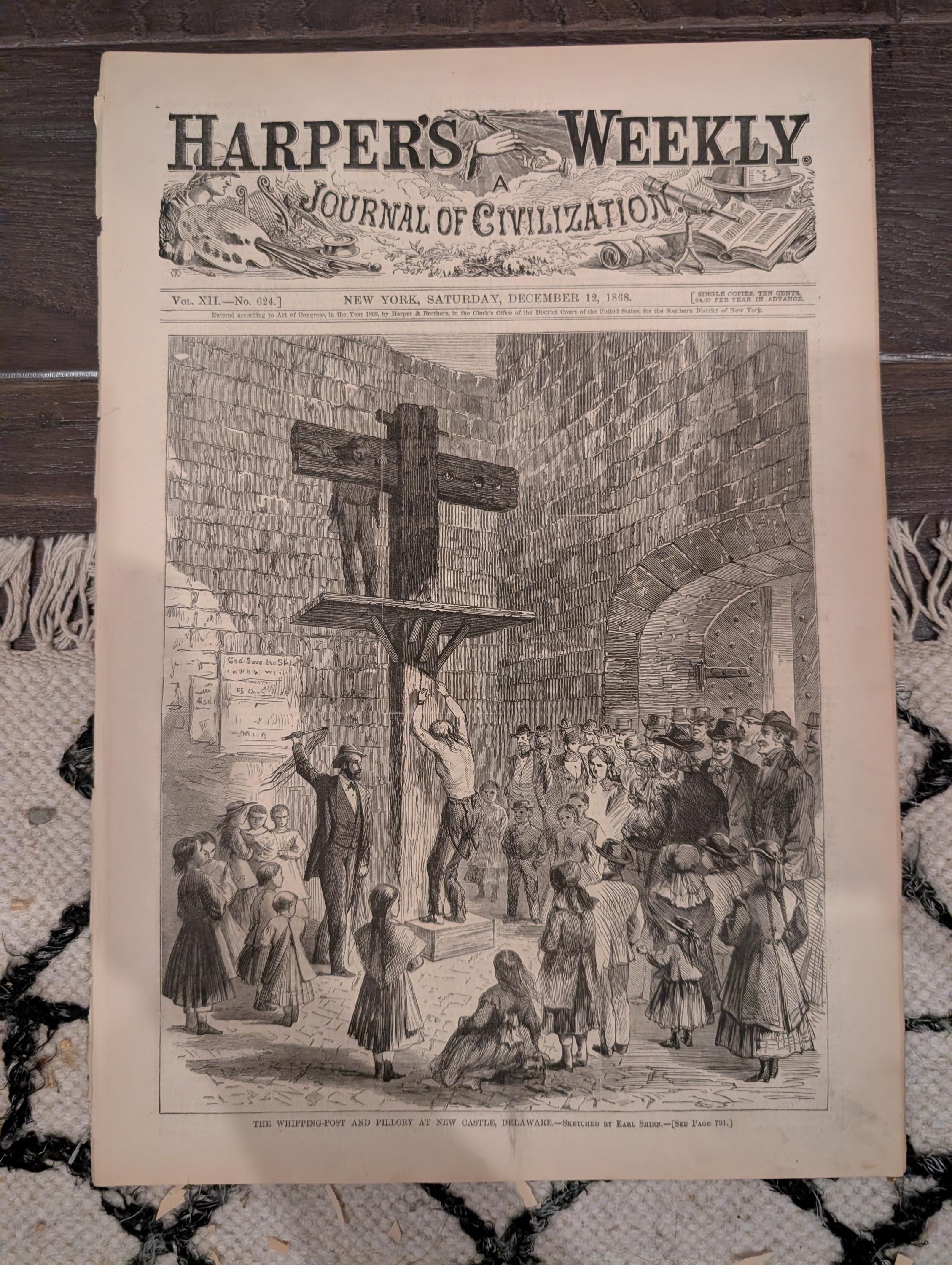 Harper’s Weekly – December 12, 1868 – Whipping Post • Alaska Interior • Newsboys in Richmond • Philadelphia Tragedy • Madrid Execution Scaff