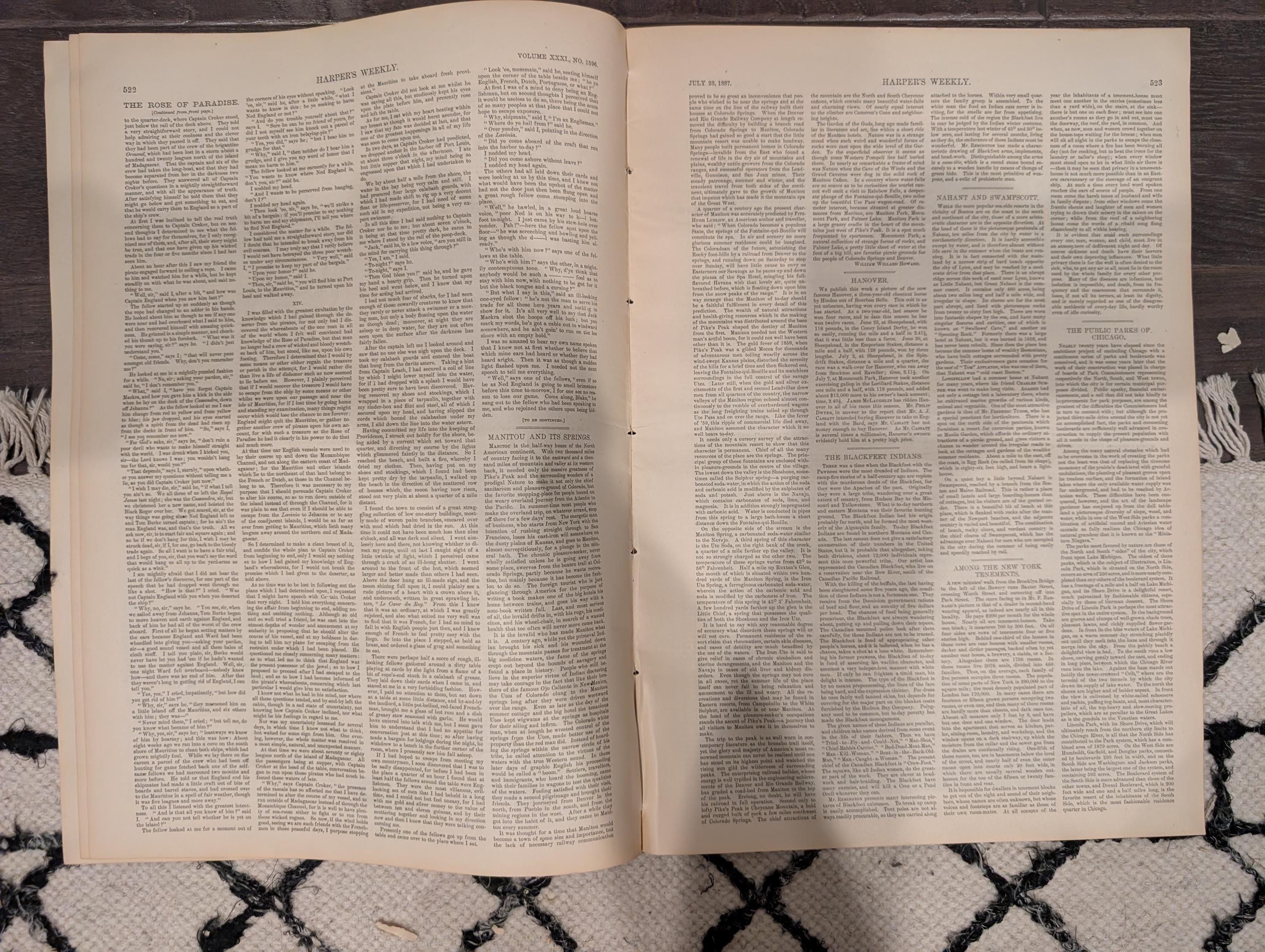 Harper’s Weekly July 23, 1887 – Lincoln Park, Blackfeet Indians, Manitou Colorado, Tenements, Racehorse Hanover – Complete Issue