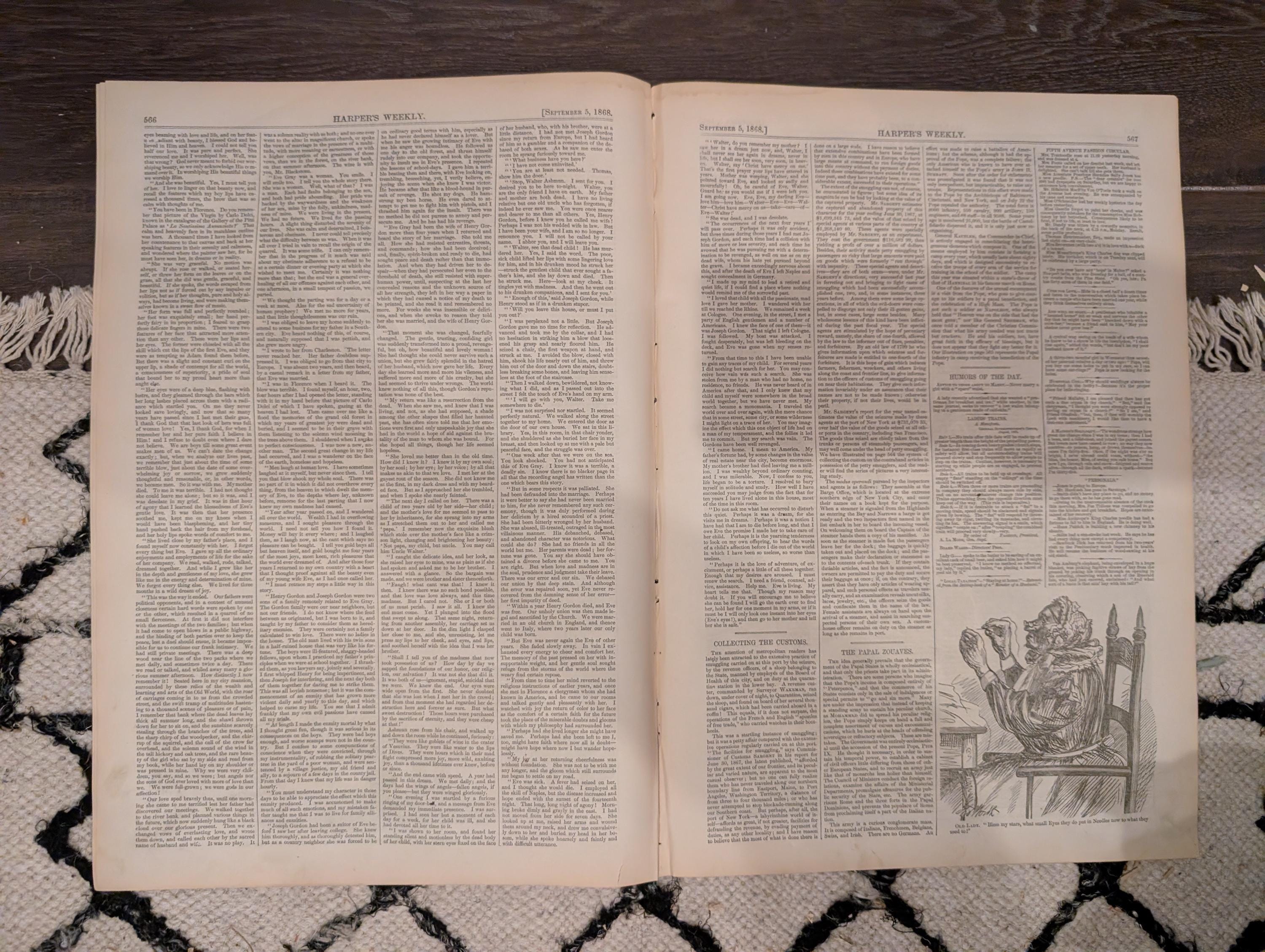 Harper’s Weekly – September 5, 1868 – Nast Cartoon • Customs House Scenes • “The Pet Calf” • Velocipedes • Alaska Sketches