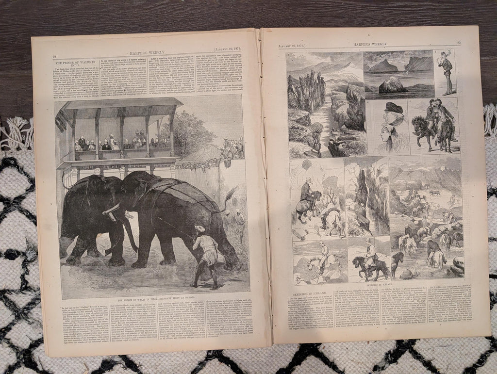 Harper’s Weekly January 29, 1876 – Victorian Engravings, Deer Stalking, Iceland Scenes, Elephant Fight, Smugglers Chase