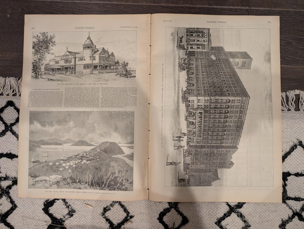 Harper’s Weekly — July 2, 1887 — Military Encampment Scenes, Yachting, Mexican Coast, Famous Jacob Sharp Trial, Howard Pyle, Architecture &
