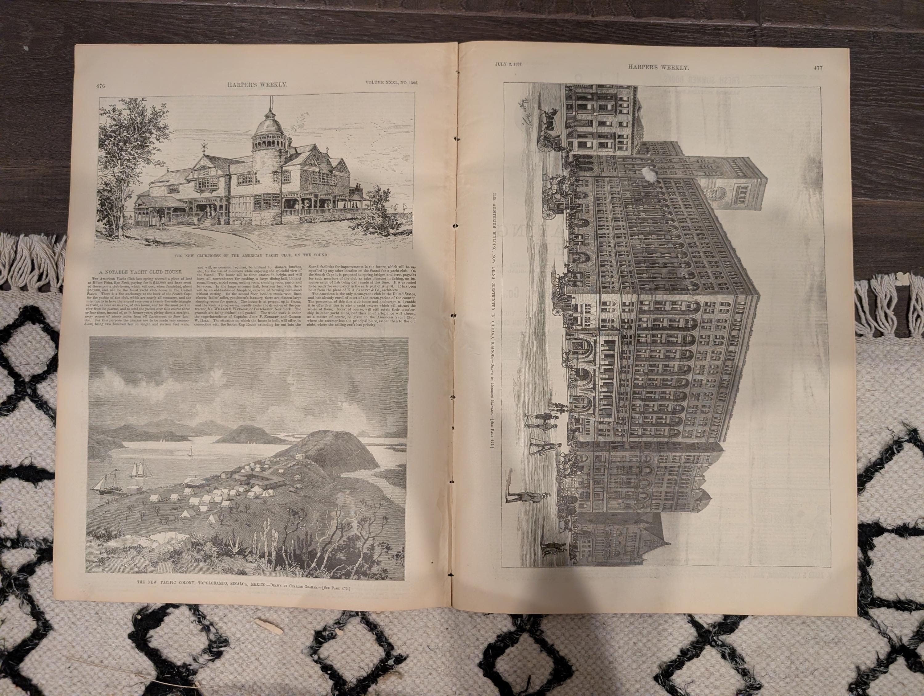 Harper’s Weekly — July 2, 1887 — Military Encampment Scenes, Yachting, Mexican Coast, Famous Jacob Sharp Trial, Howard Pyle, Architecture &