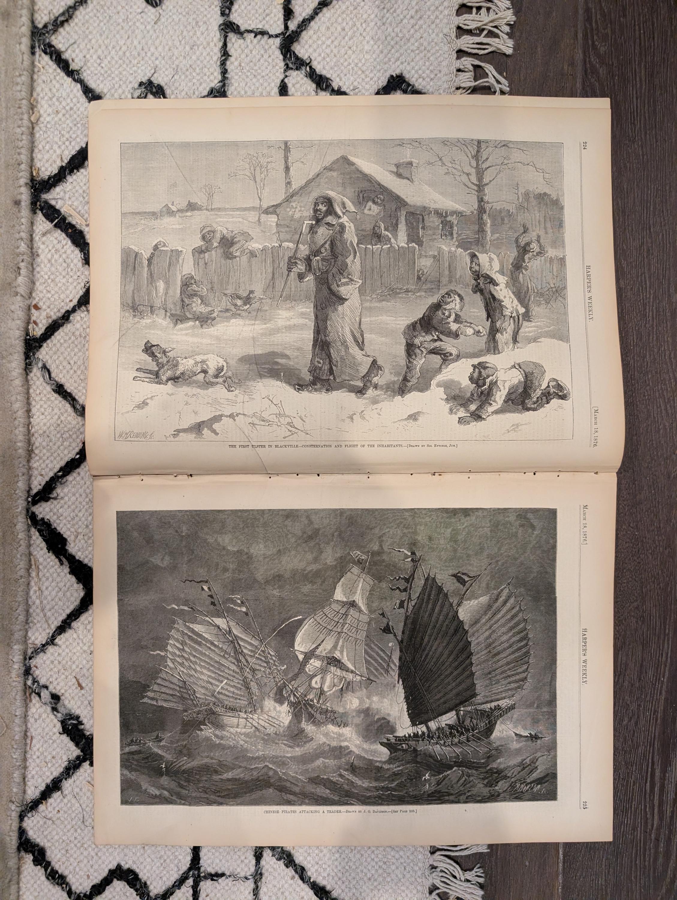 Harper’s Weekly Mar 18 1876 – Beacon Watch, Chinese Pirates, Royal Game-Tigers, Nast Cartoon, Complete with Supplement