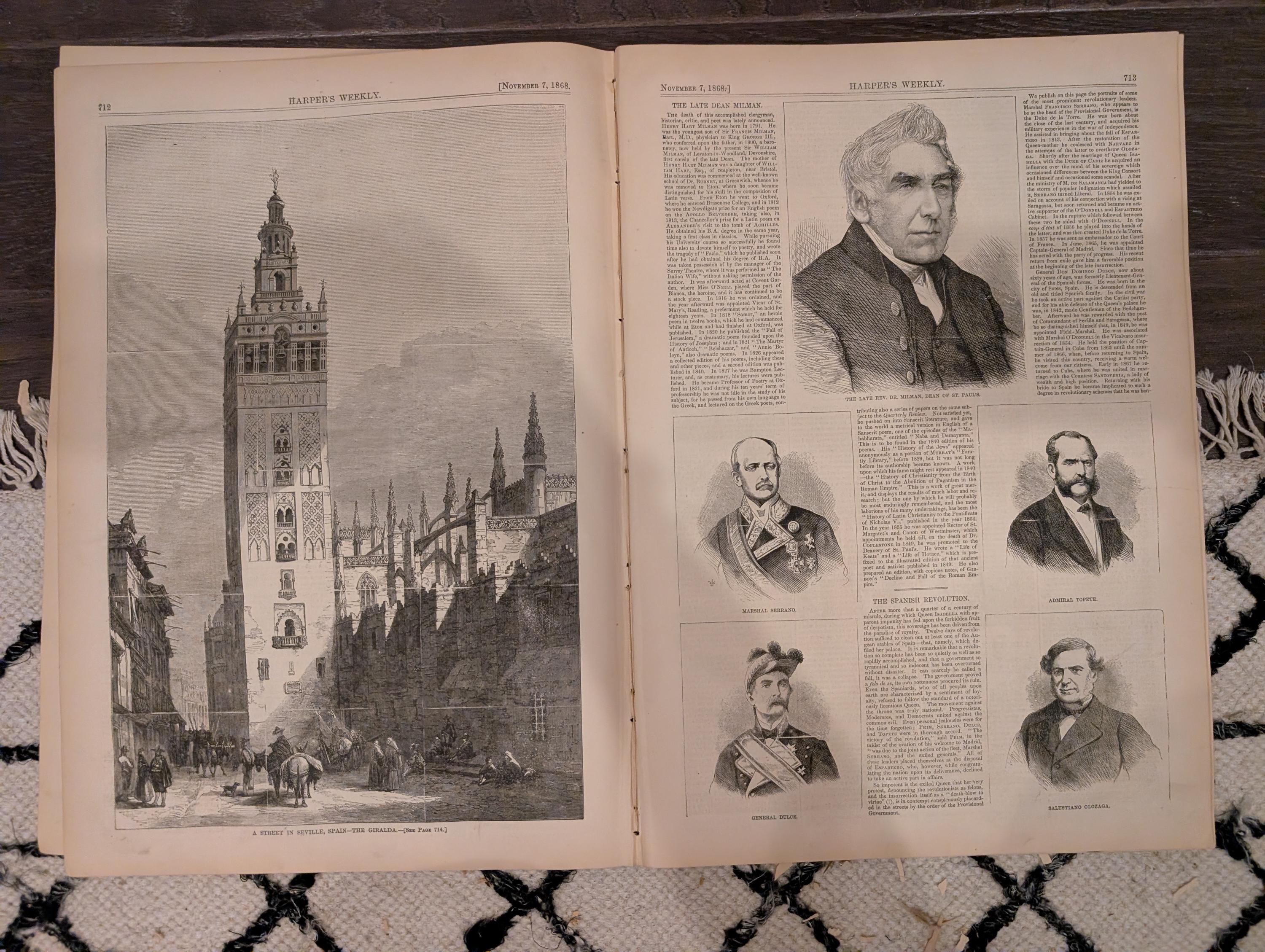Harper’s Weekly – November 7, 1868 – Thomas Nast “Wilkes Booth the Second” • Richmond Market • Seville Giralda • Peru Earthquake