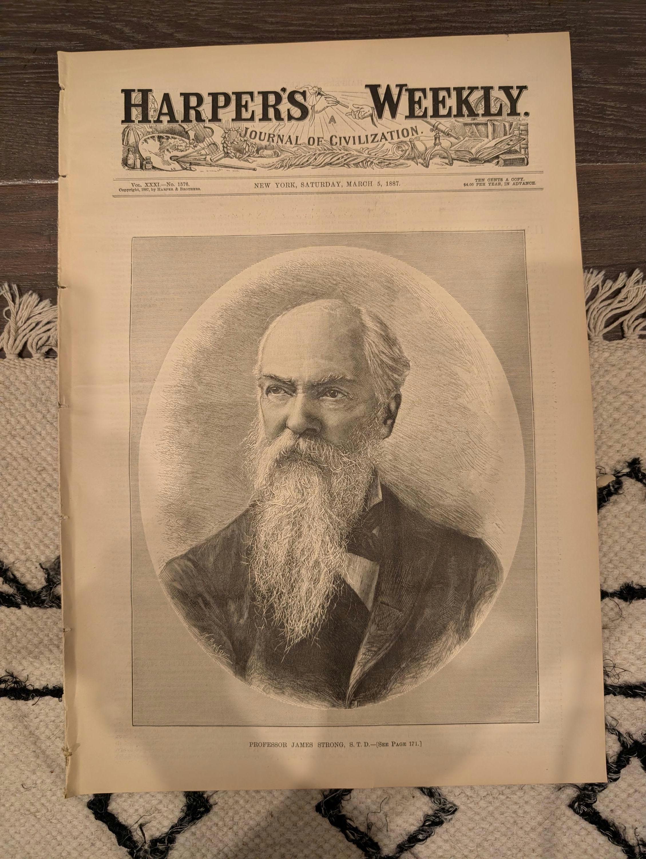 HARPER’S WEEKLY — March 5, 1887 — Riviera Earthquakes, Hussars Cavalry Drill, Daly’s Theatre Revival, James Strong Front Page