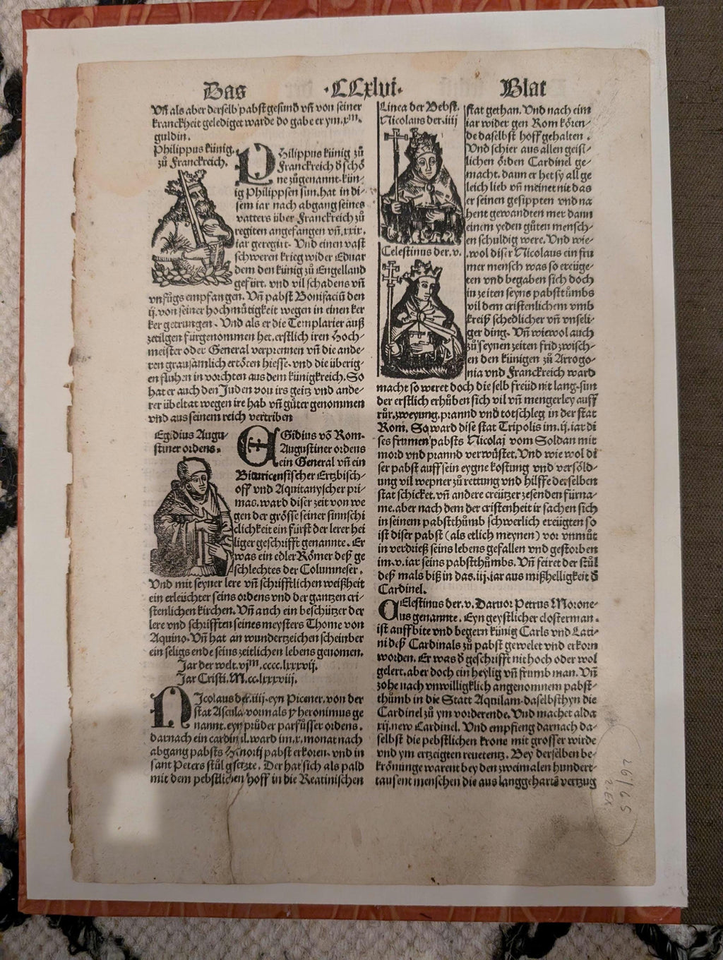 1496 Nuremberg Chronicle Original Leaf – Four Woodcut Portraits of Popes and Bishops – Early Printing