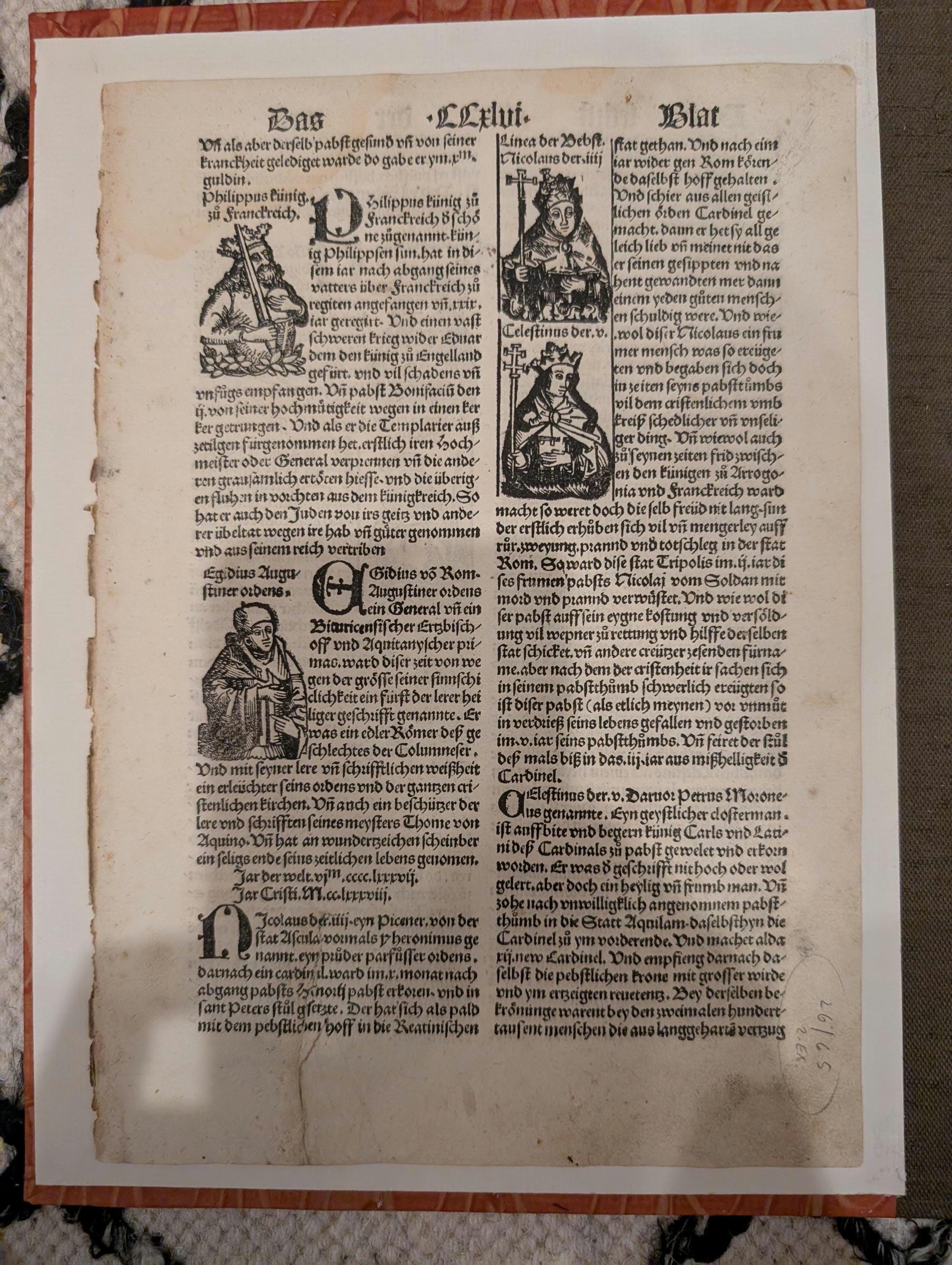 1496 Nuremberg Chronicle Original Leaf – Four Woodcut Portraits of Popes and Bishops – Early Printing