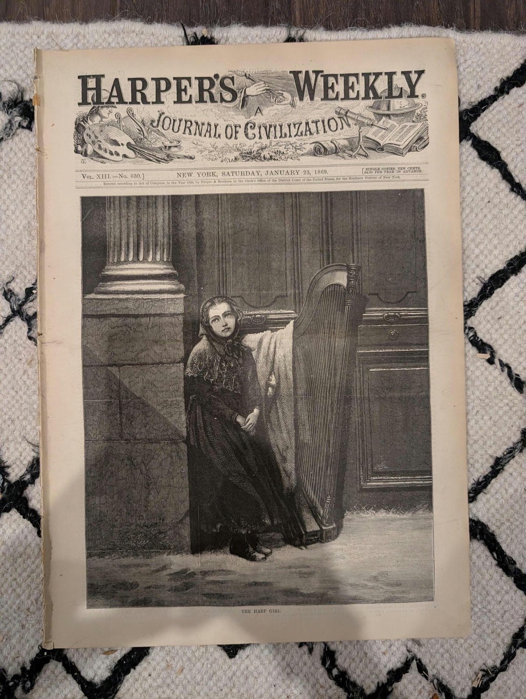 Harper’s Weekly, January 23, 1869 | “The Harp Girl” Front Page | Trotters on the Snow | Sleigh Ride | Antique Illustrated Newspaper