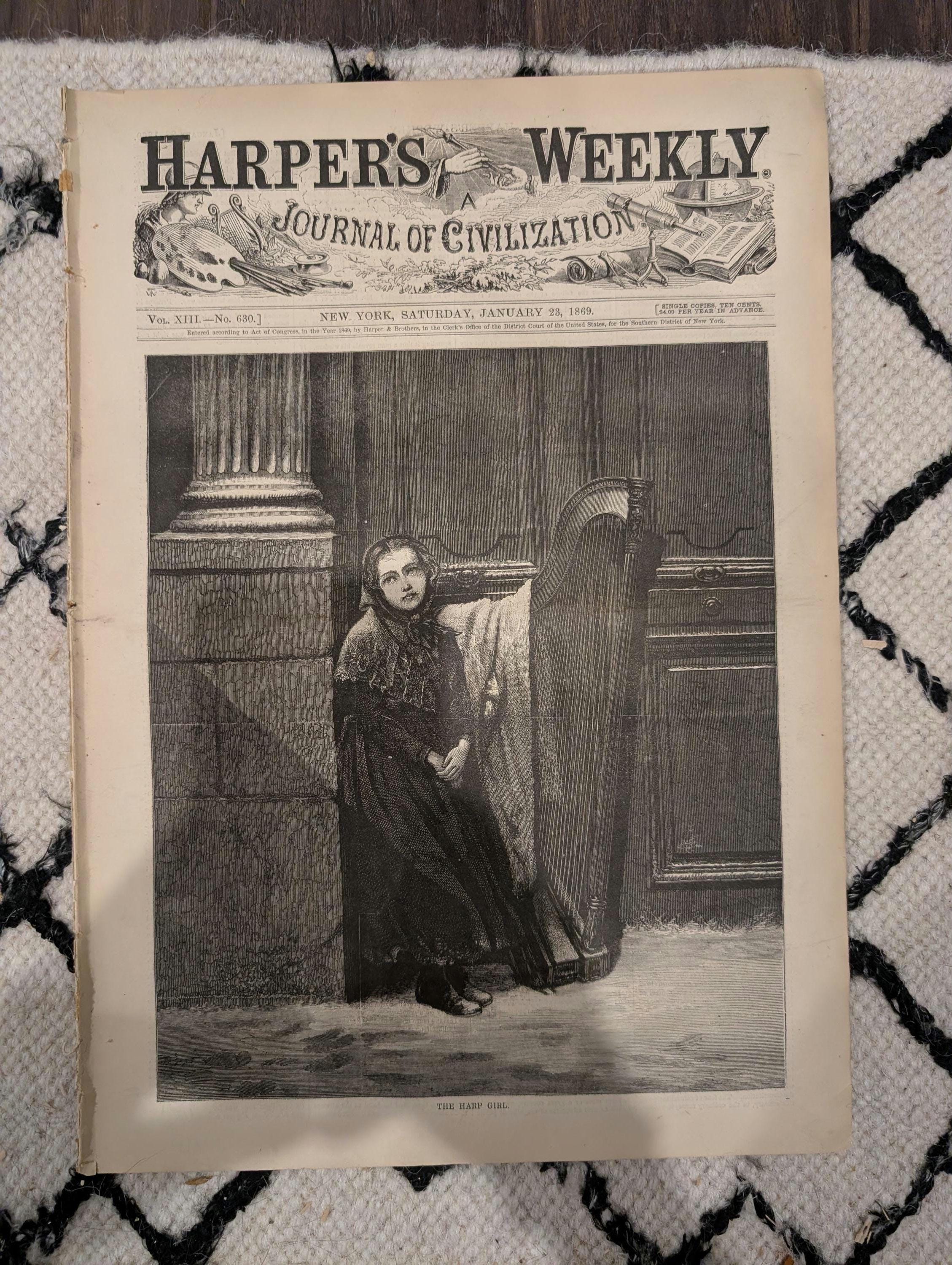 Harper’s Weekly, January 23, 1869 | “The Harp Girl” Front Page | Trotters on the Snow | Sleigh Ride | Antique Illustrated Newspaper