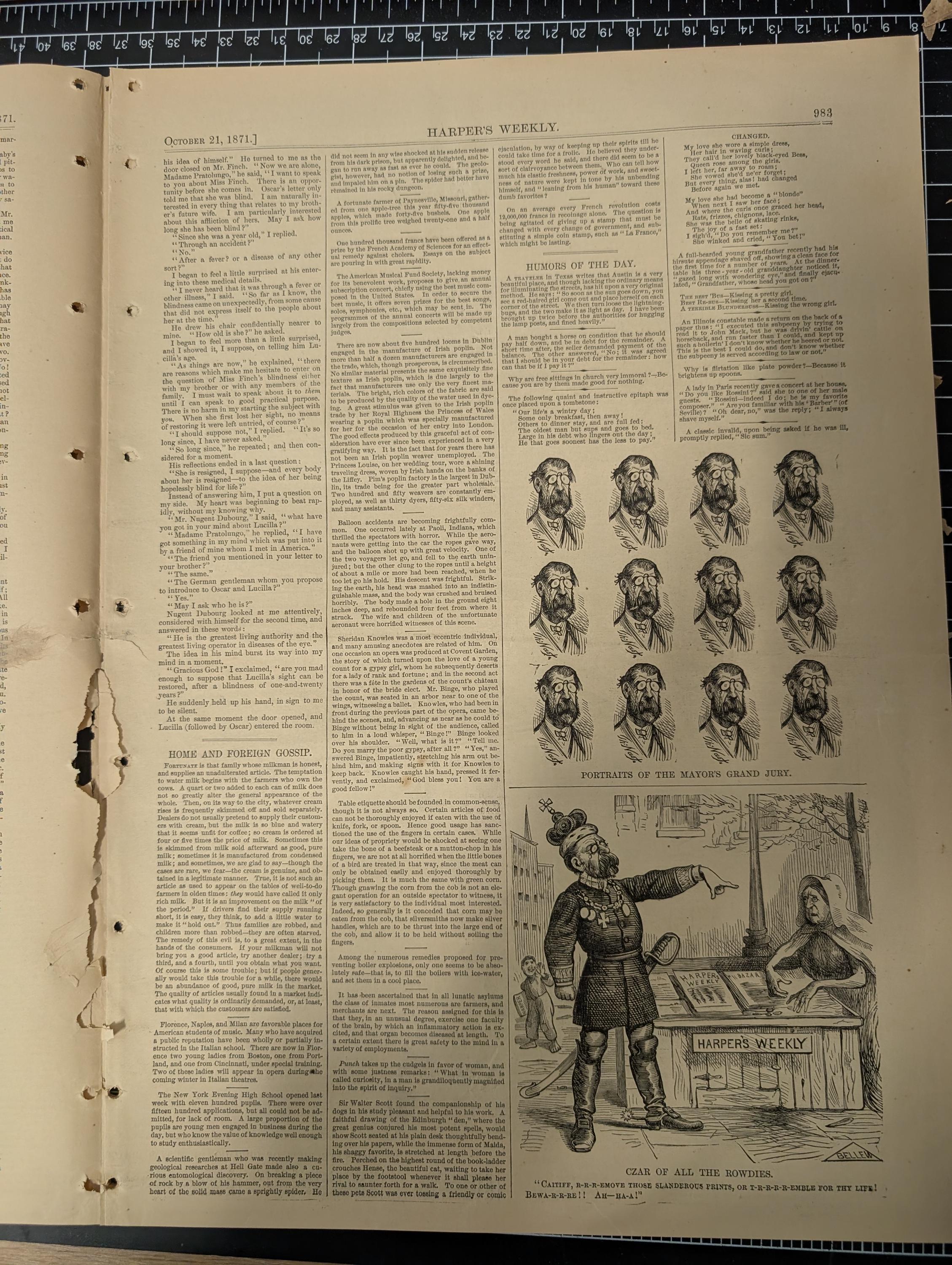 Harper’s Weekly – October 21, 1871 – Complete w/ Supplement (24 pp) | Chicago Before the Fire Double-Page, Nast “Brains” Cartoon, Mont Cenis