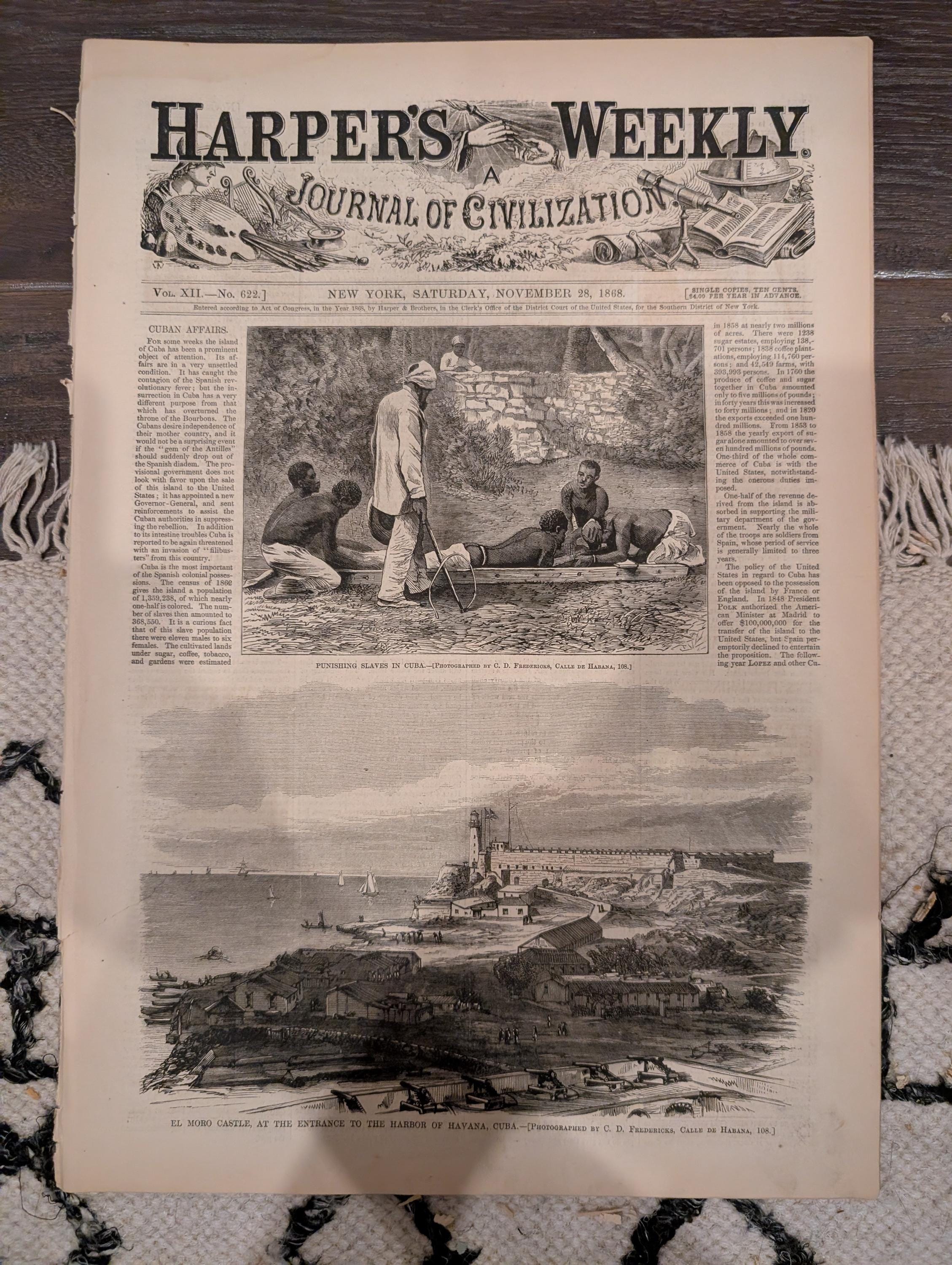 Harper’s Weekly – November 28, 1868 – Thanksgiving Prints • Cuba Scenes • San Francisco Earthquake • Fulton Ferry Collision