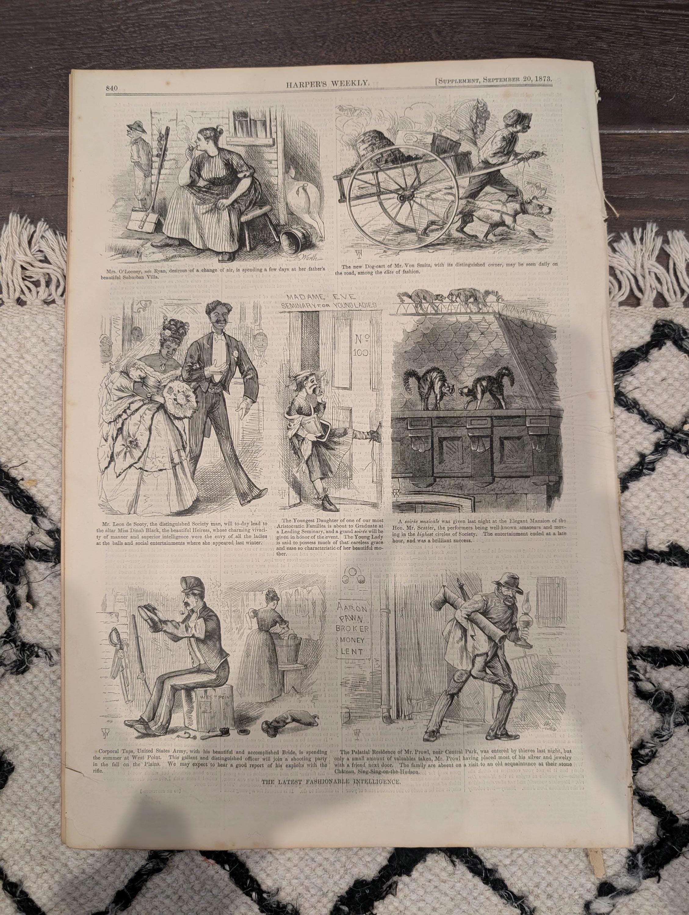 Harper’s Weekly — September 20, 1873 — Winslow Homer “Snap the Whip” — Original Antique Newspaper