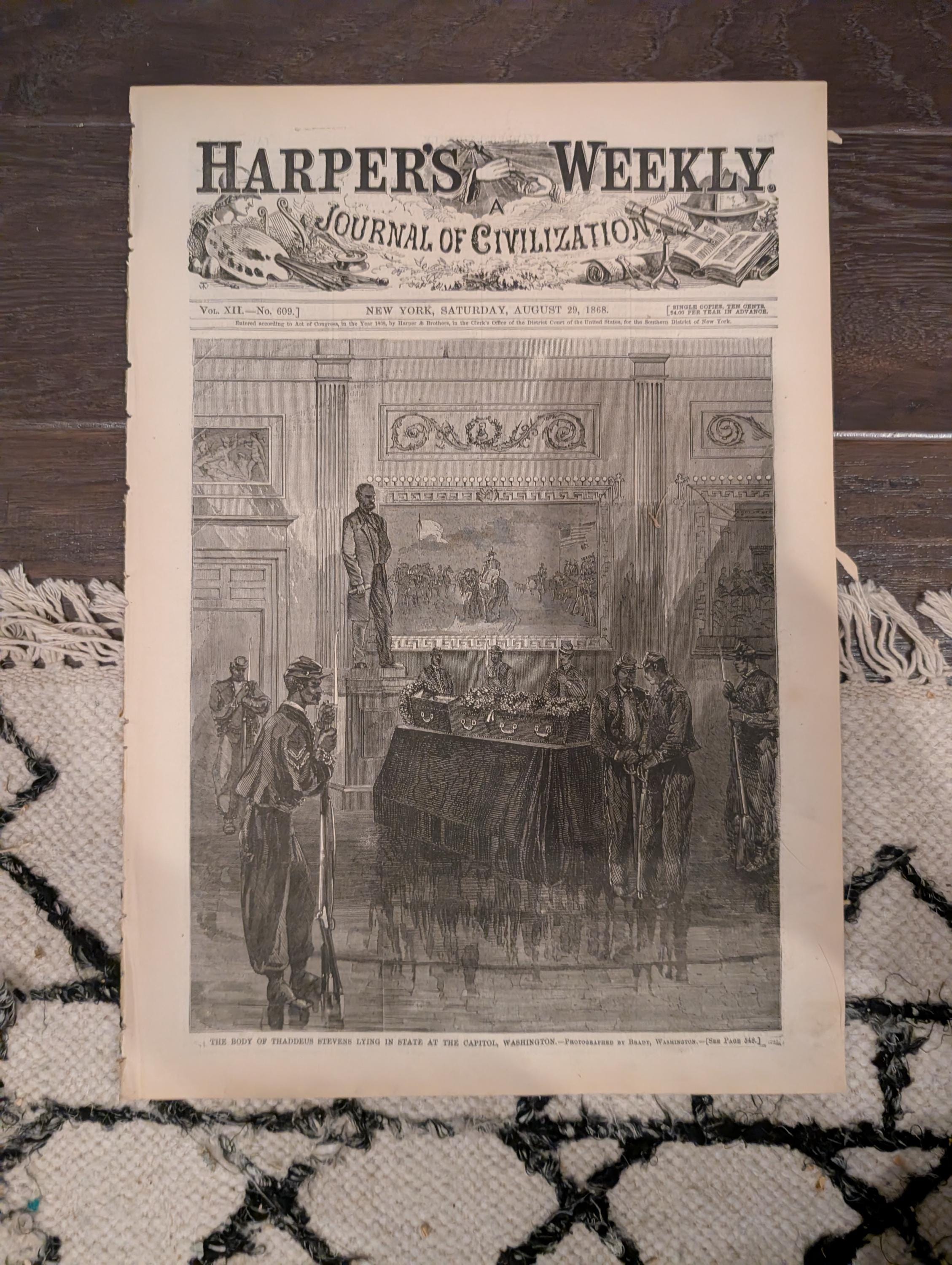 Harper’s Weekly – August 29, 1868 – Thaddeus Stevens Death • Cattle Plague • Methodist Camp Meeting • Shipwreck