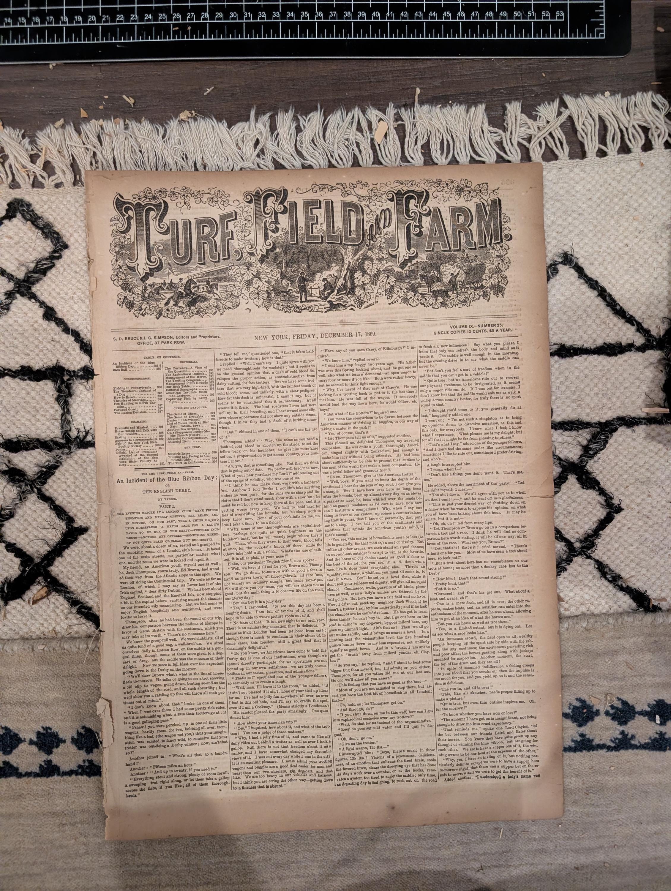 1869 Turf Field and Farm — Baseball Convention, English Derby, Chess, Horse Racing, Dec 17