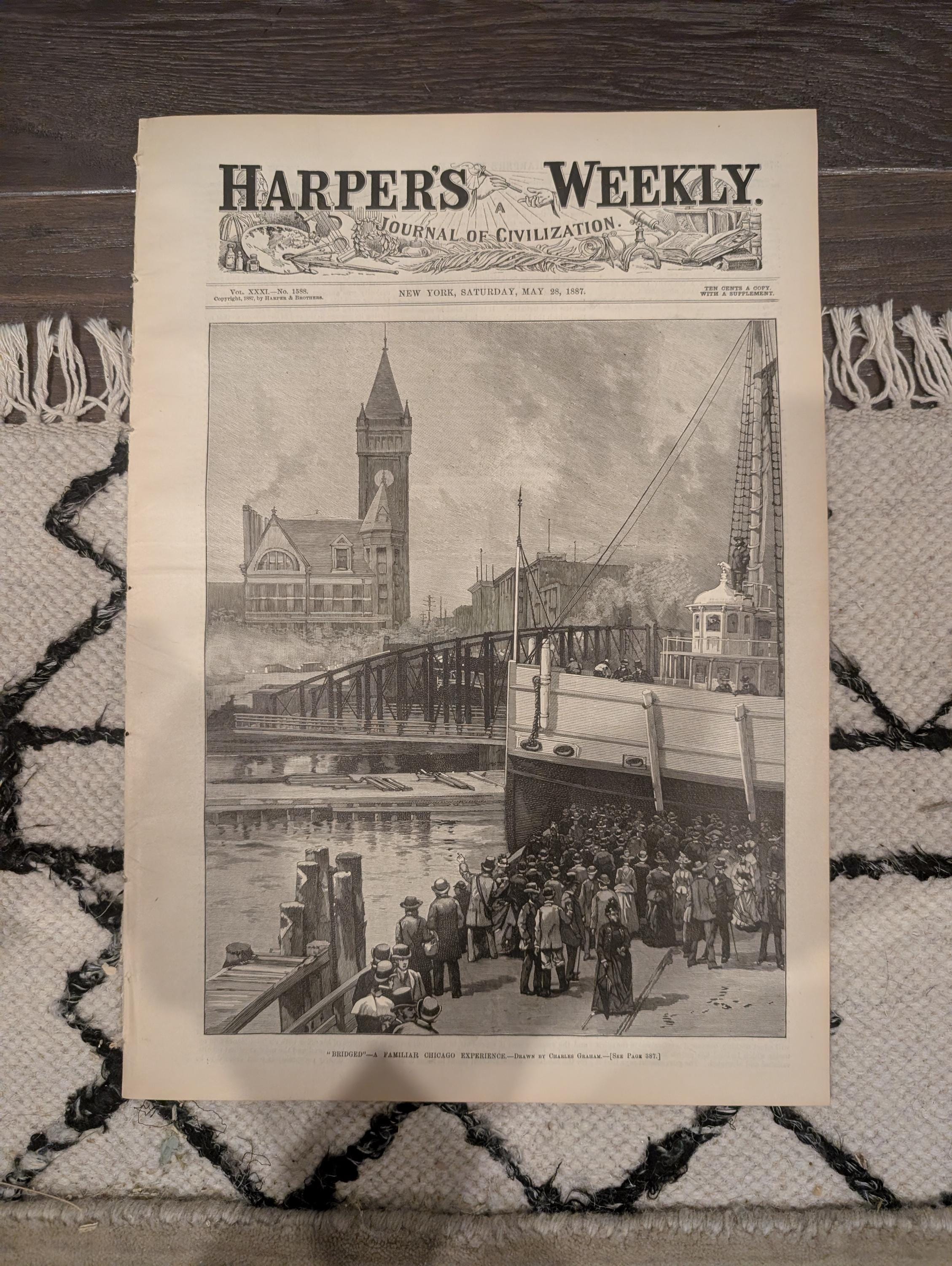 Harper’s Weekly – May 28, 1887 – Chicago Front Page, Decoration Day Centerfold, Rural Pennsylvania Auction, Broadway Elevated Railroad