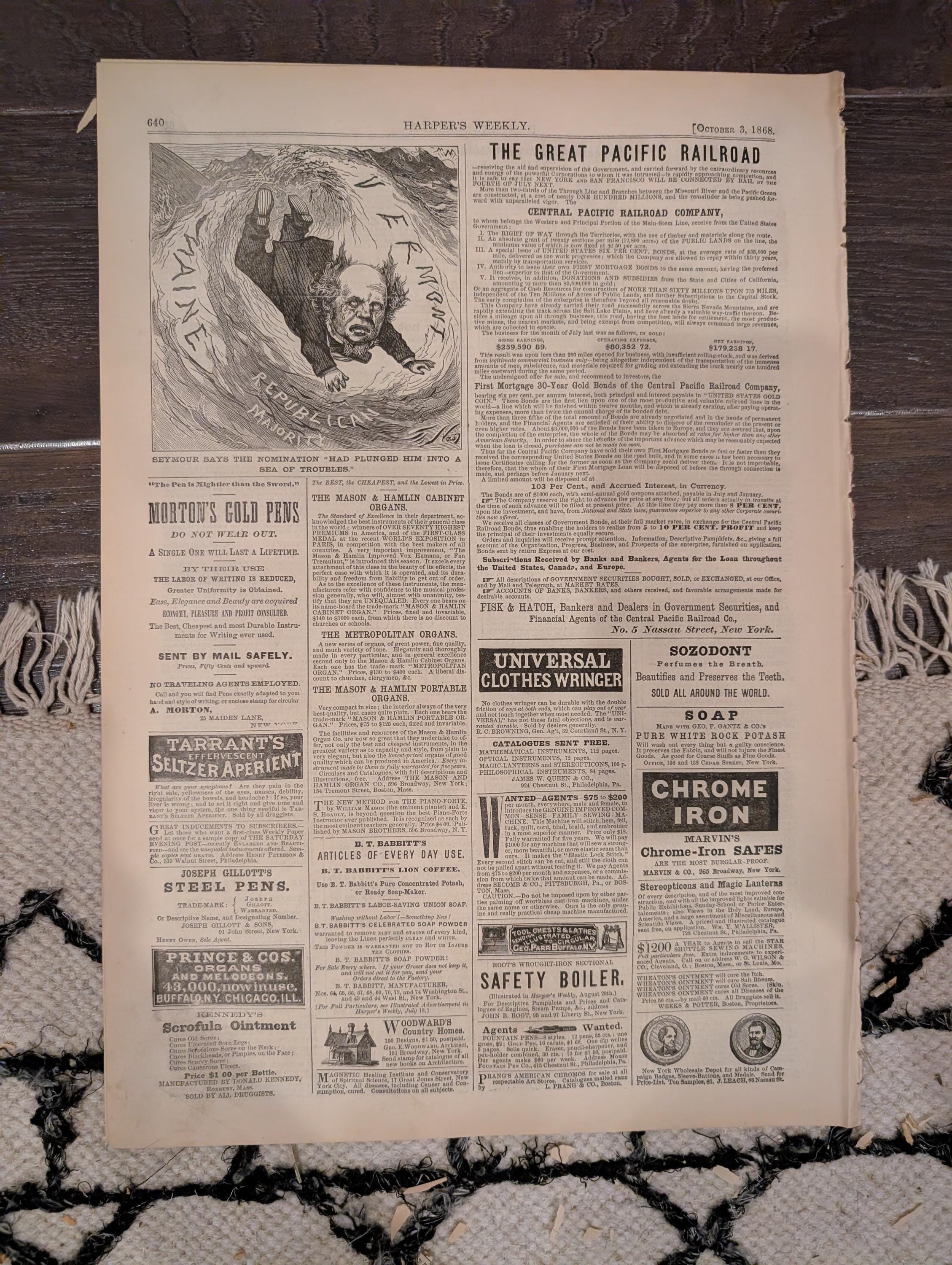 Harper’s Weekly – October 3, 1868 – International Cricket Match • Prize Animals • Nast’s “Modern Samson” • South American Earthquake • Freed