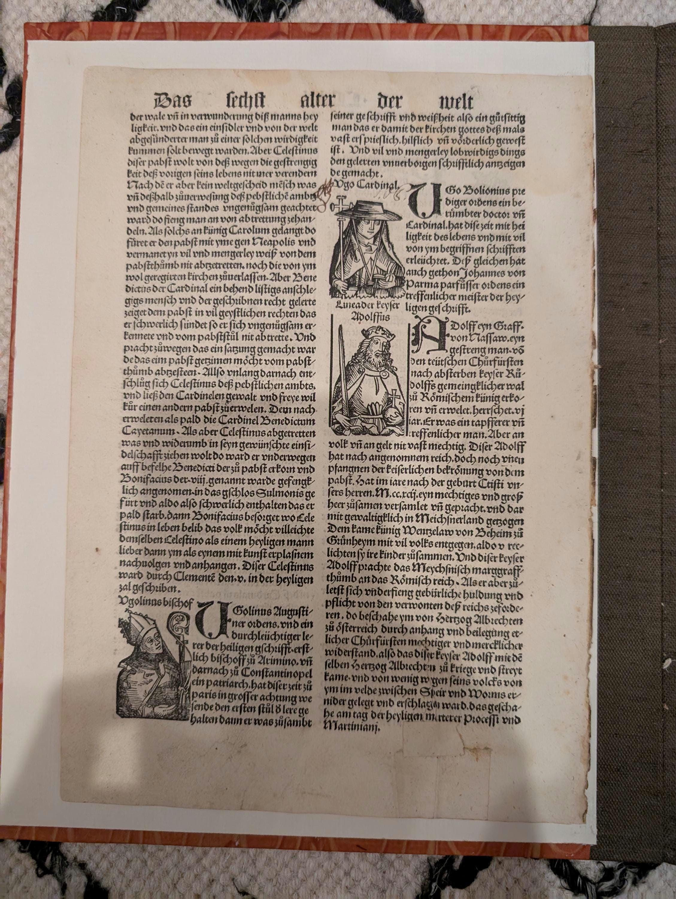 1496 Nuremberg Chronicle Original Leaf – Four Woodcut Portraits of Popes and Bishops – Early Printing
