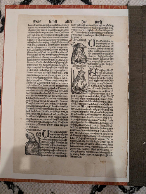 1496 Nuremberg Chronicle Original Leaf – Four Woodcut Portraits of Popes and Bishops – Early Printing