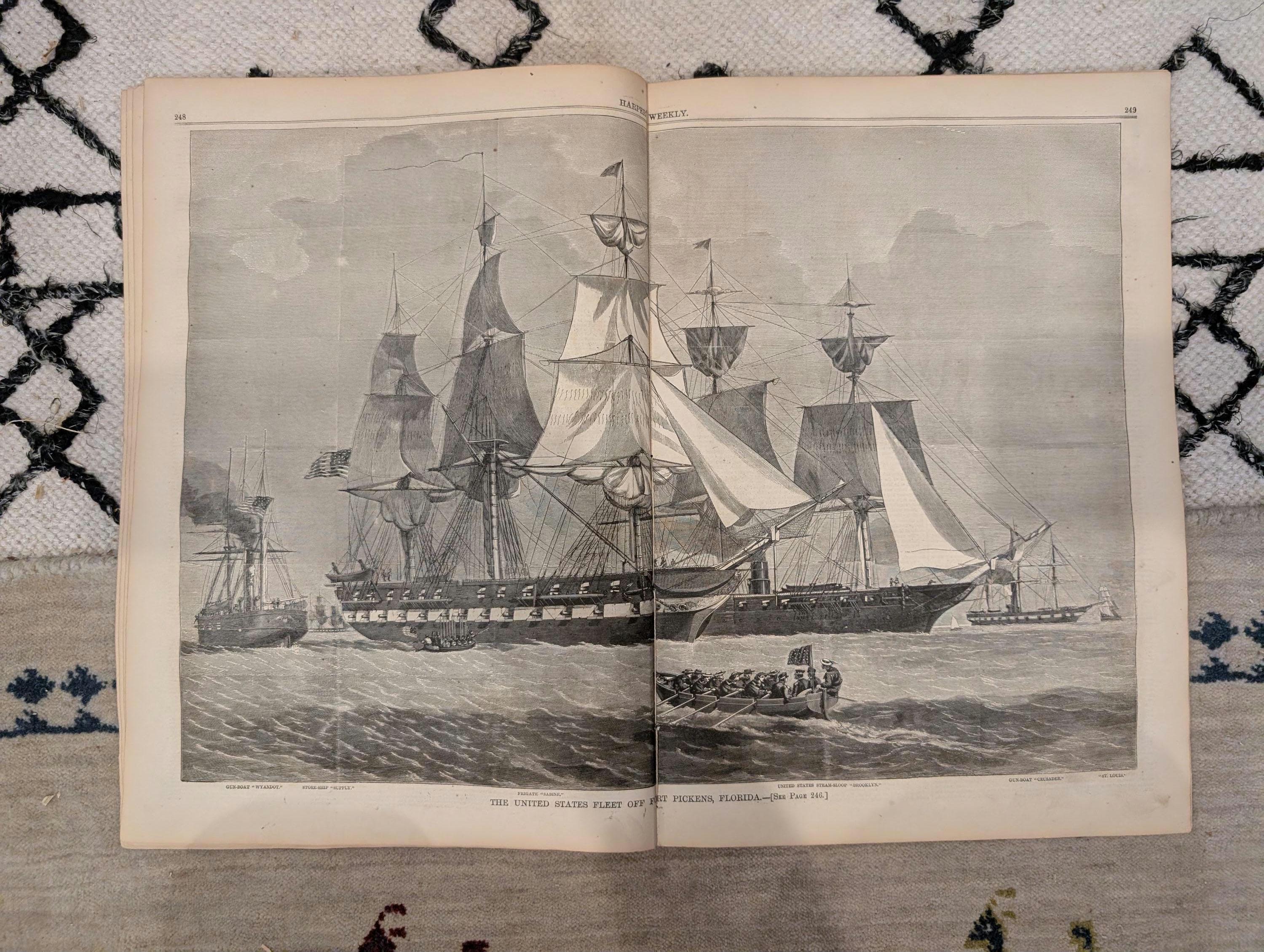 1861 Navy Fleet Fort Pickens Harper's Weekly April 20 Dahlgren Gun Dickens