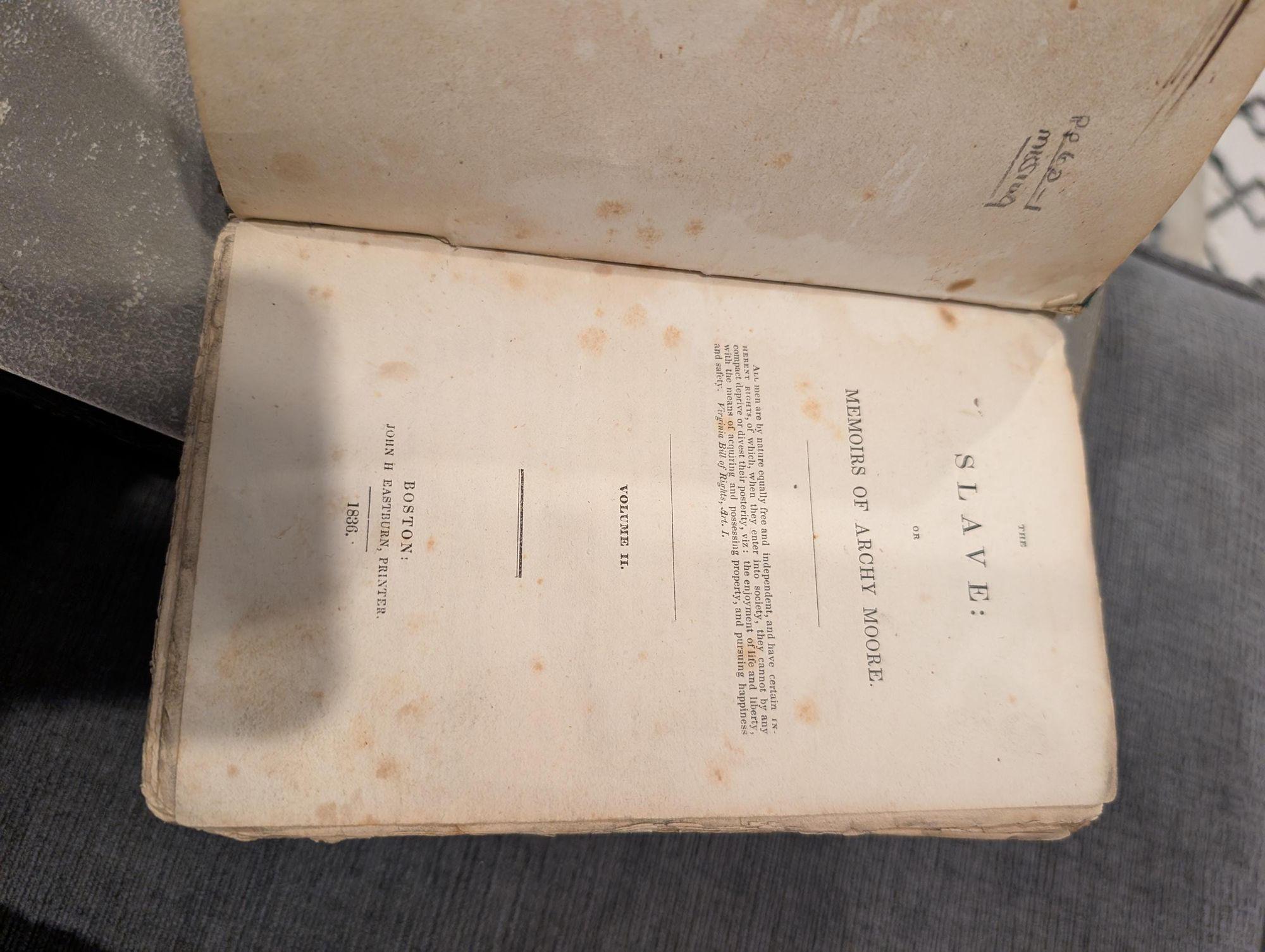 The Slave; or, Memoirs of Archy Moore (1836)  Extremely Rare First Edition in Original Boards  2 Vols.