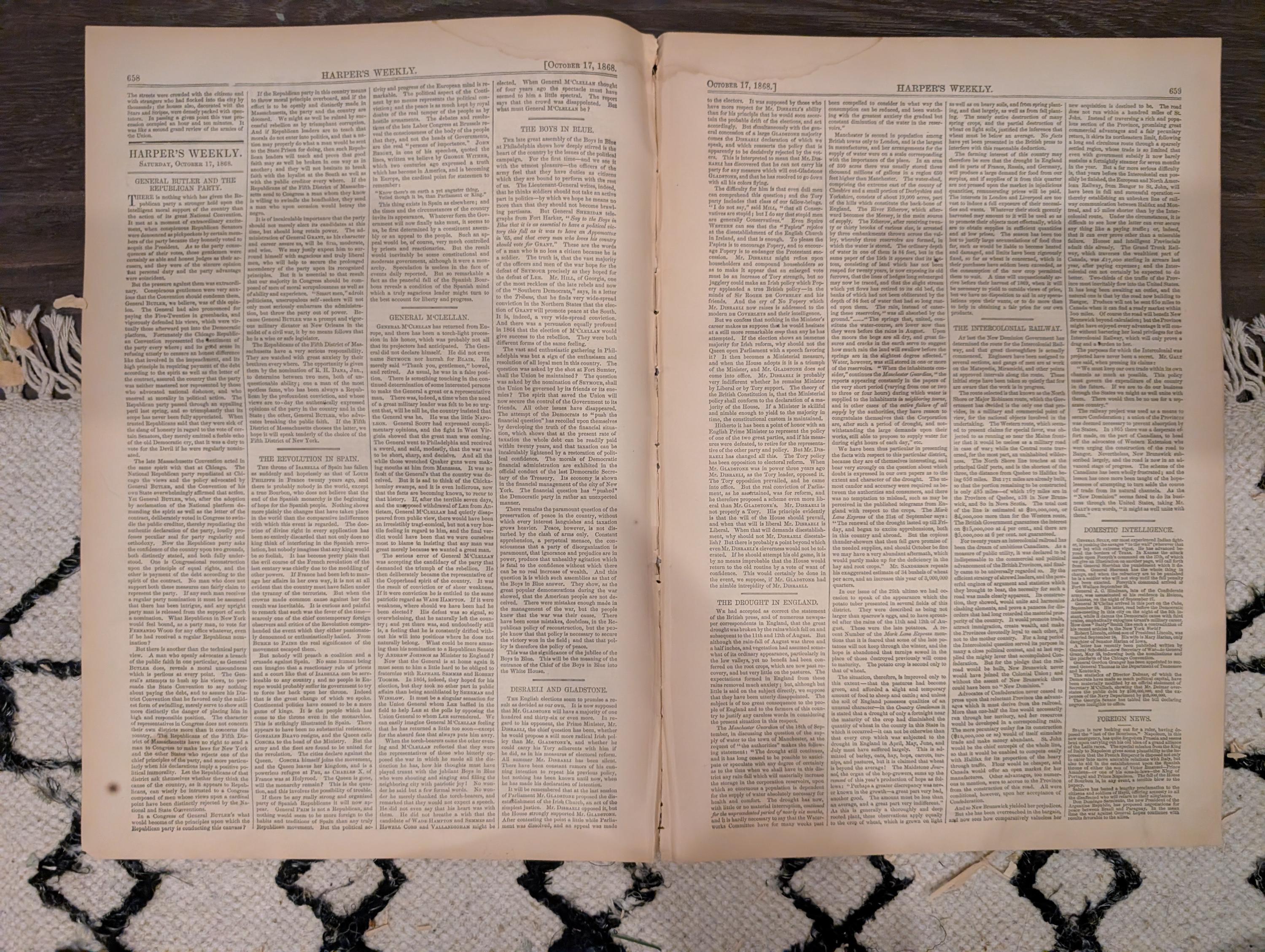 Harper’s Weekly – October 17, 1868 – Boys in Blue Parade • Life-Preserving Apparatus • Scenes in the Life of a Trapper • Indian Engagement
