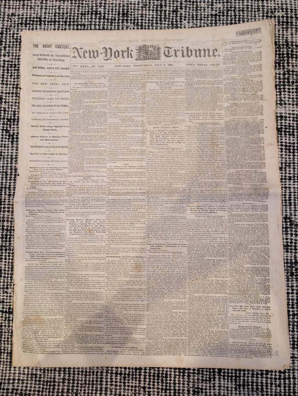 Framed 1864 New-York Tribune Civil War Newspaper — Siege of Petersburg, Lincoln’s 500,000 Troop Call — Original Issue