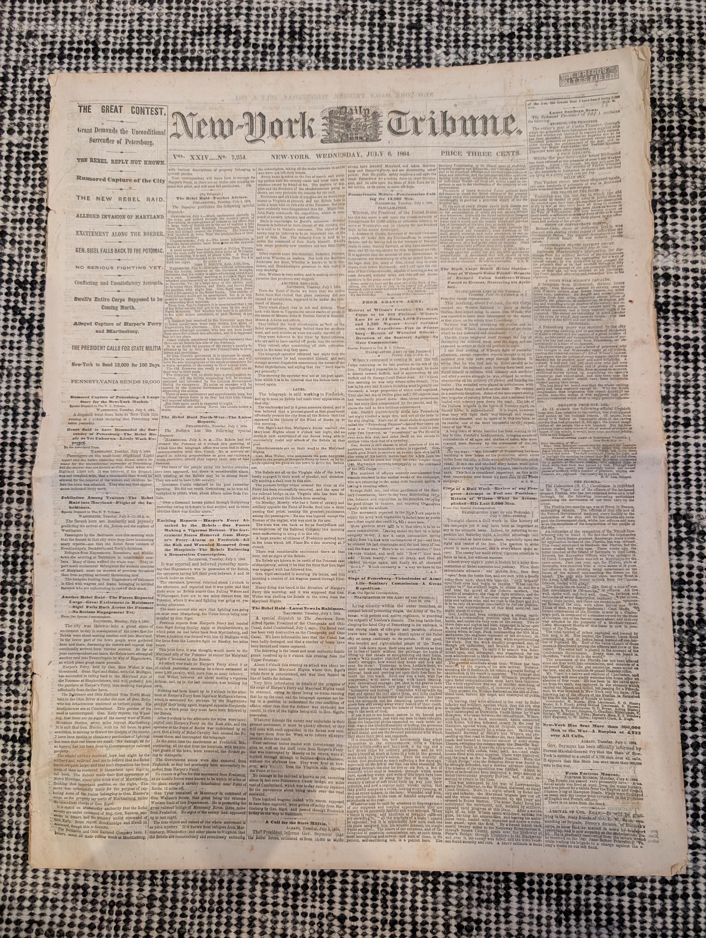 Framed 1864 New-York Tribune Civil War Newspaper — Siege of Petersburg, Lincoln’s 500,000 Troop Call — Original Issue