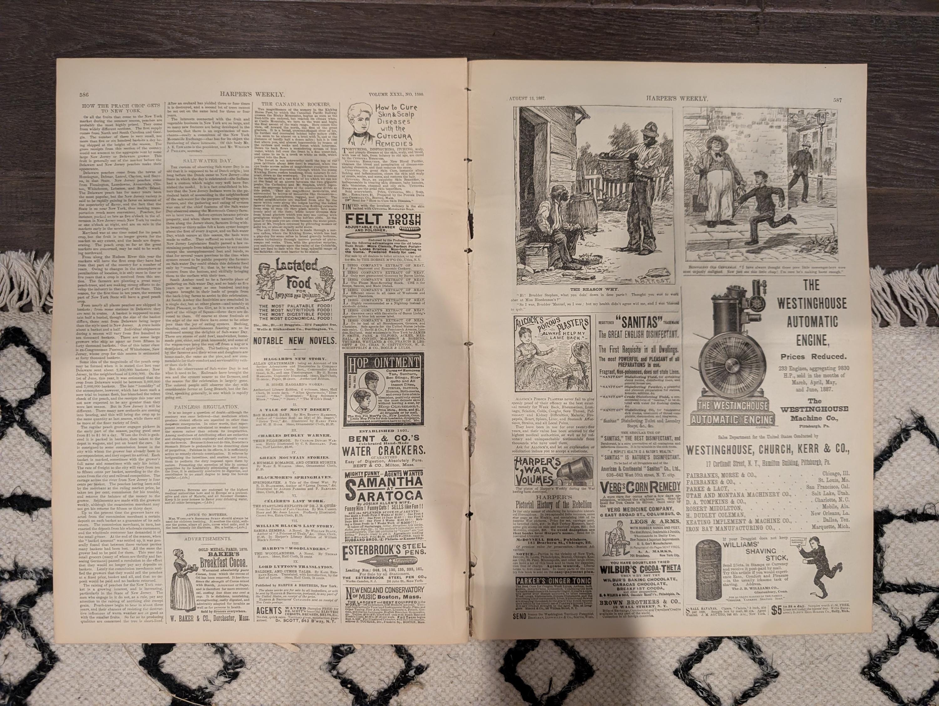 Harper’s Weekly – August 13, 1887 – Packing Peaches, March to Peekskill, New Hampshire Coast, Newfoundland Bait Fishing – Complete Issue