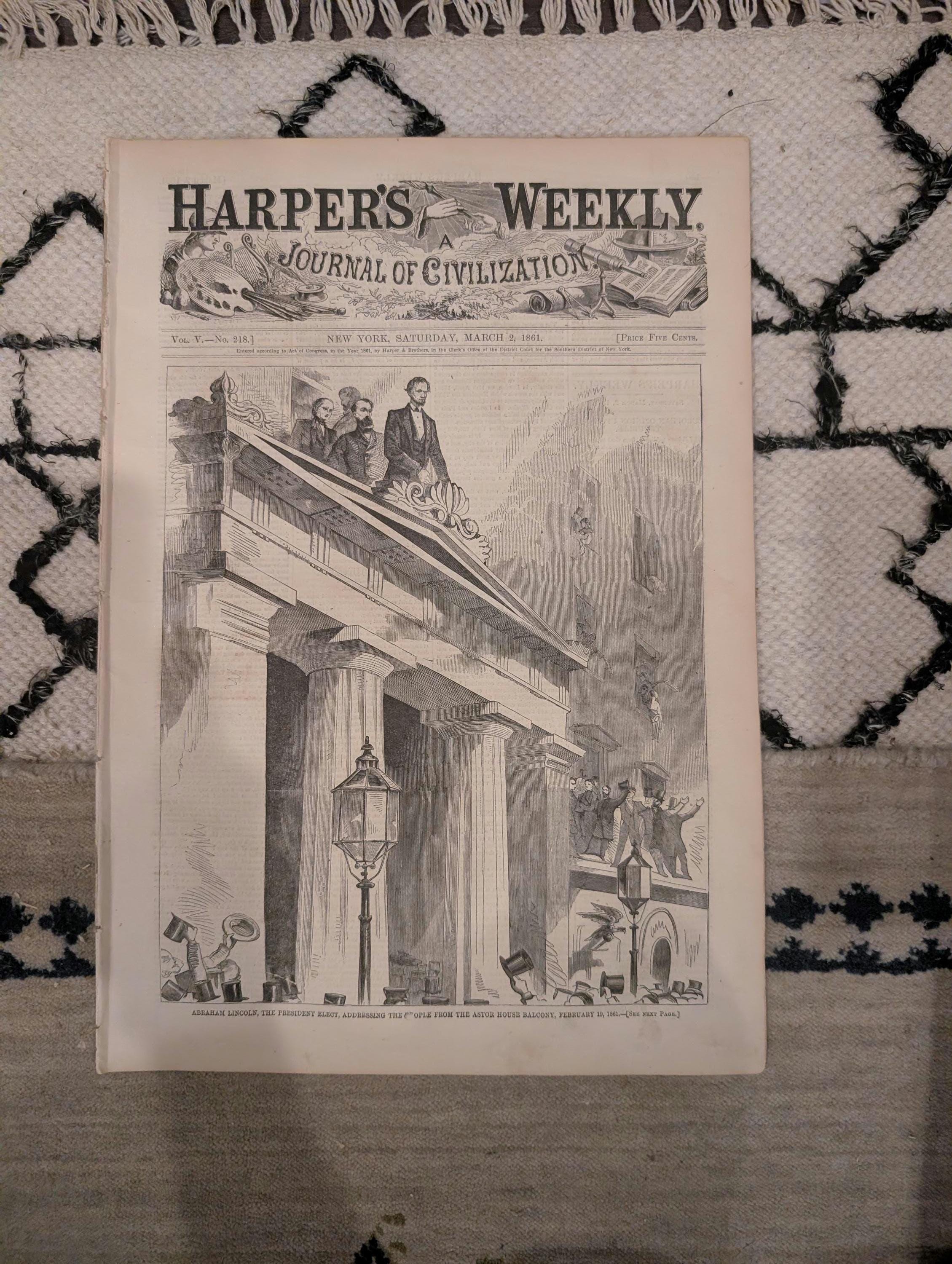 1861 Harper's Weekly March 02 Lincoln Astor House Balcony Fort Sumter