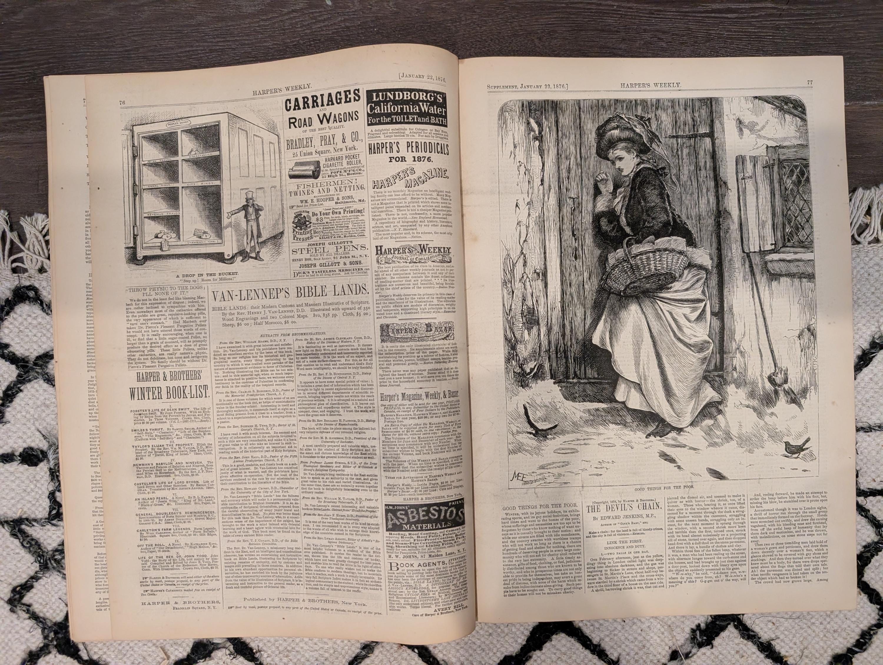 Harper’s Weekly January 22, 1876 – Victorian Engravings, Social History, Tiger Cartoon, Winter Sleigh Scene