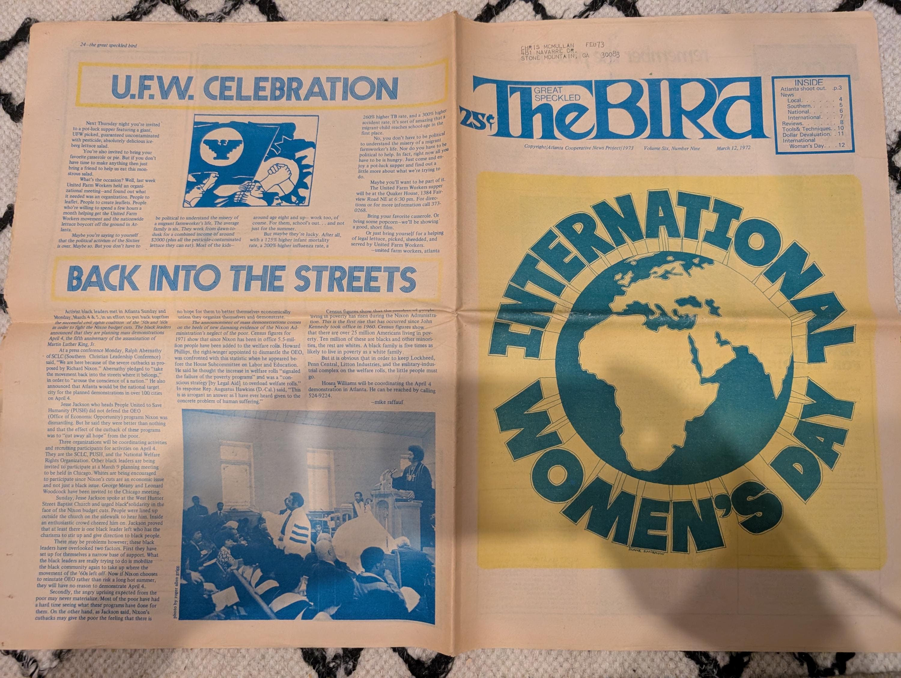 Vintage Underground Newspaper – The Great Speckled Bird – March 12, 1973 – International Women’s Day, UFW, Labor & Protest History