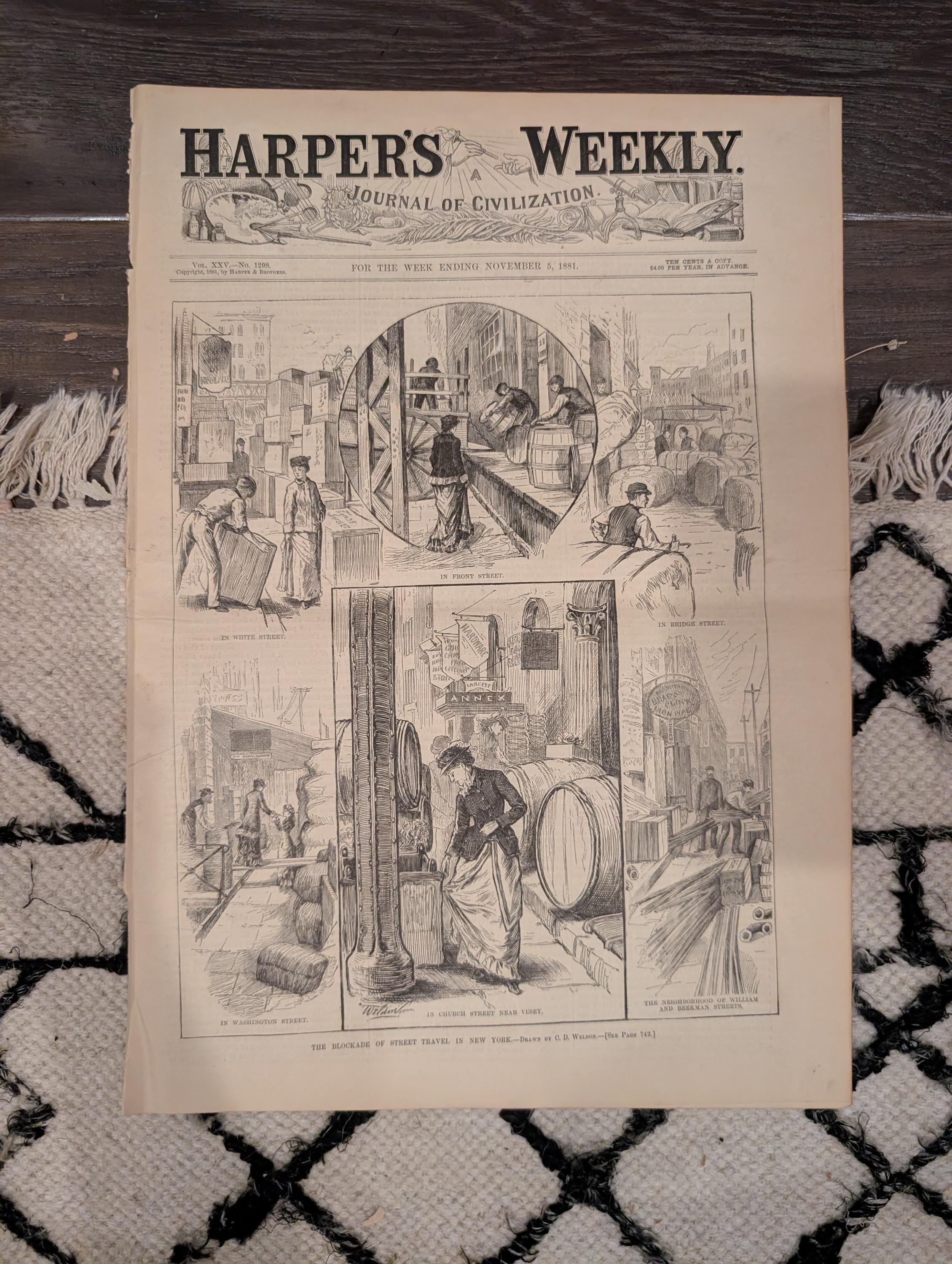 1881 AB Frost Football Centerfold, Lincoln Monument, NYC Street Blockade — Nov 5