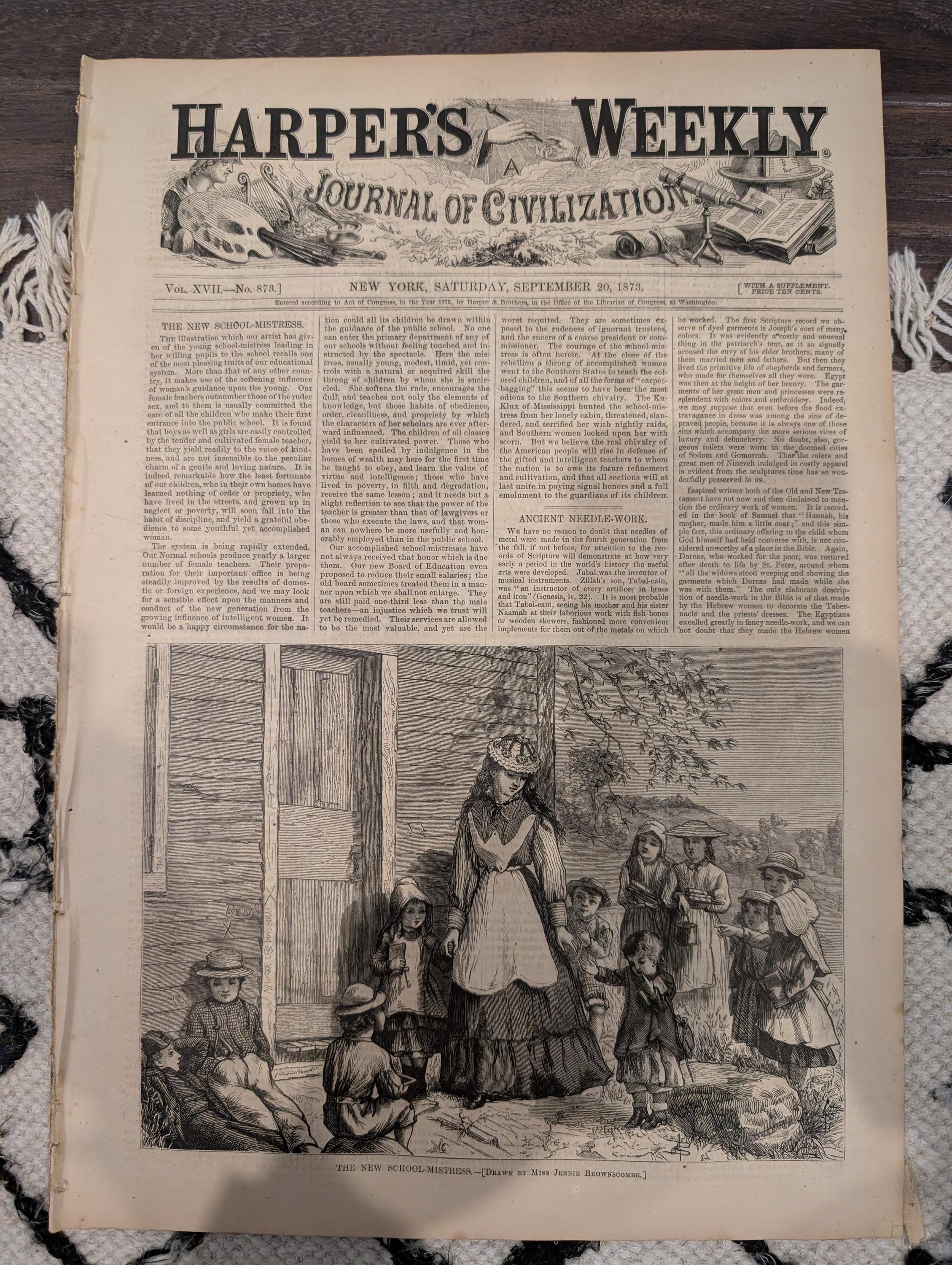 Harper’s Weekly — September 20, 1873 — Winslow Homer “Snap the Whip” — Original Antique Newspaper