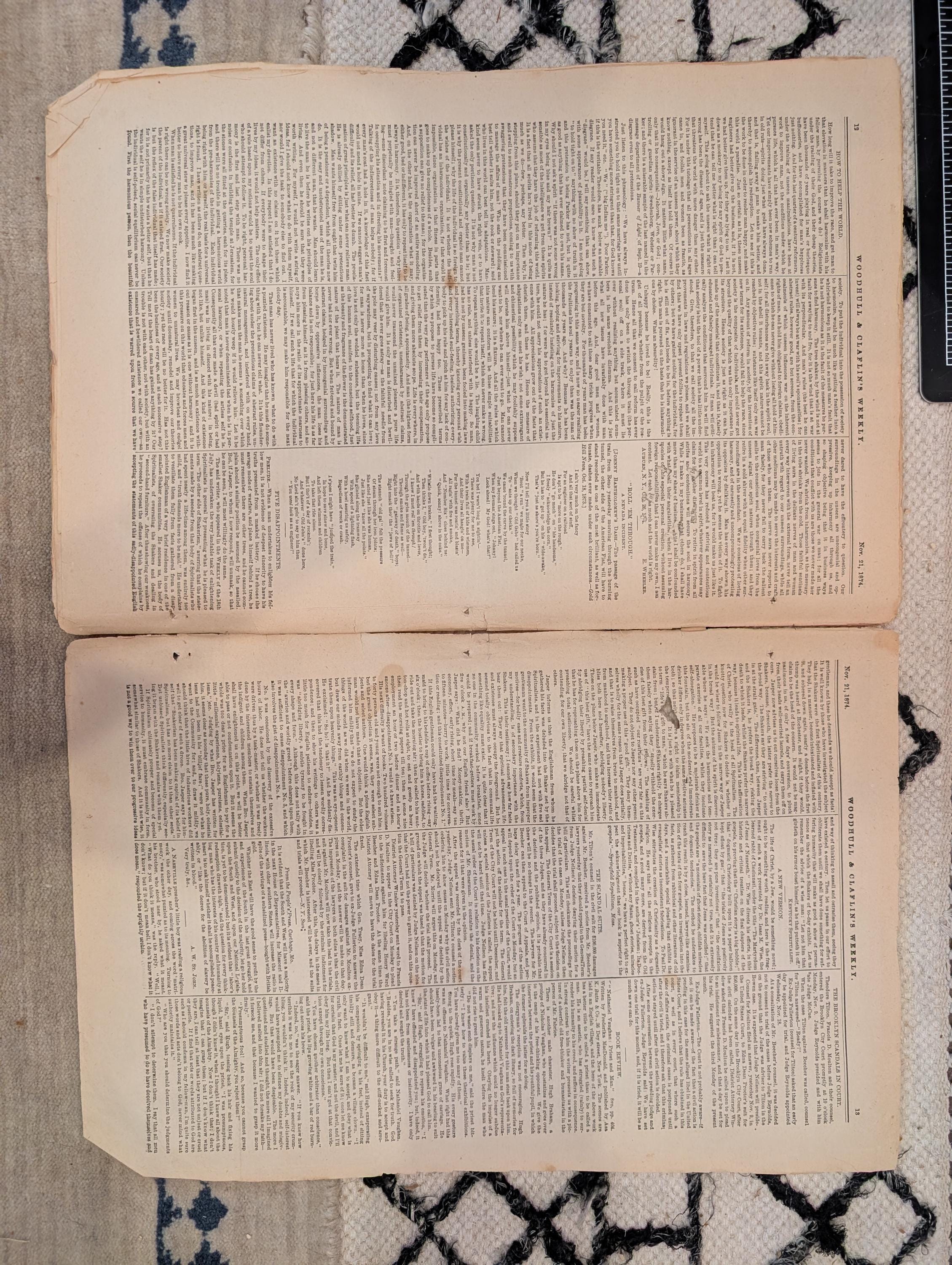 1874 Woodhull & Claflin's Weekly — Victoria Woodhull, High Altitude Flight, Socialists — Nov 21