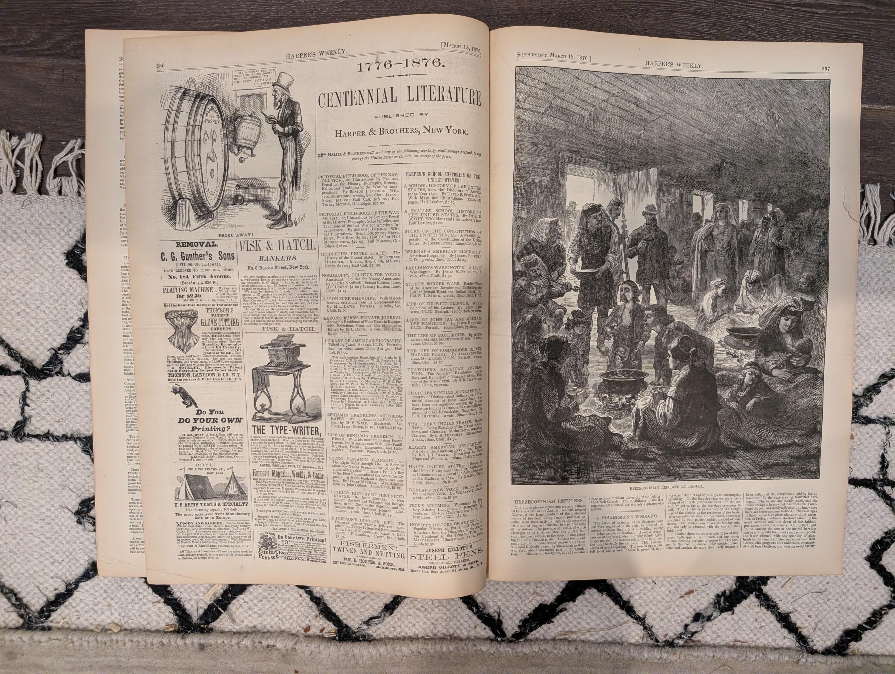 Harper’s Weekly Mar 18 1876 – Beacon Watch, Chinese Pirates, Royal Game-Tigers, Nast Cartoon, Complete with Supplement