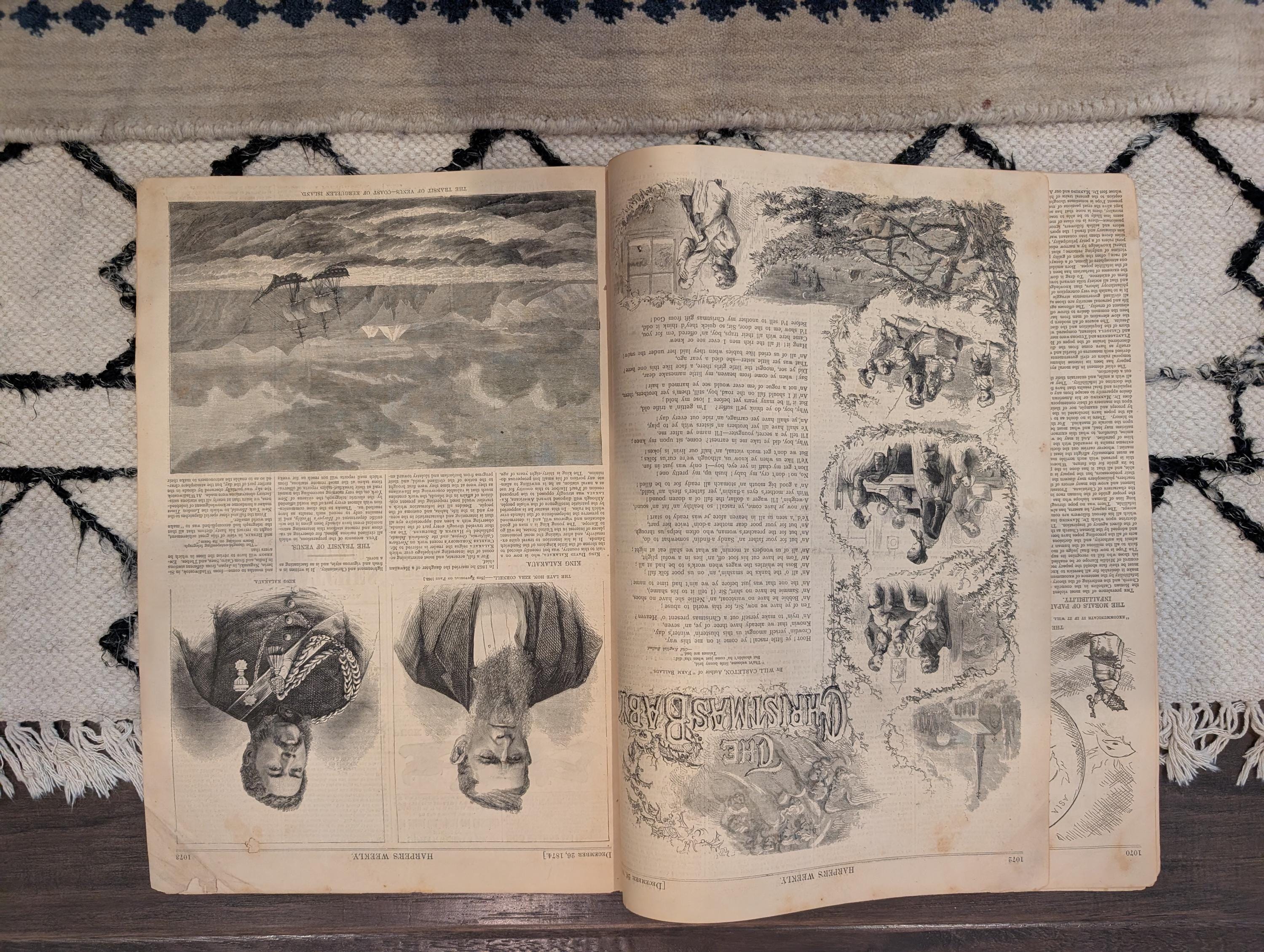 1874 Santa Claus Sleigh & Reindeer, Girl at Toy Store, Christmas Centerfold — Dec 26