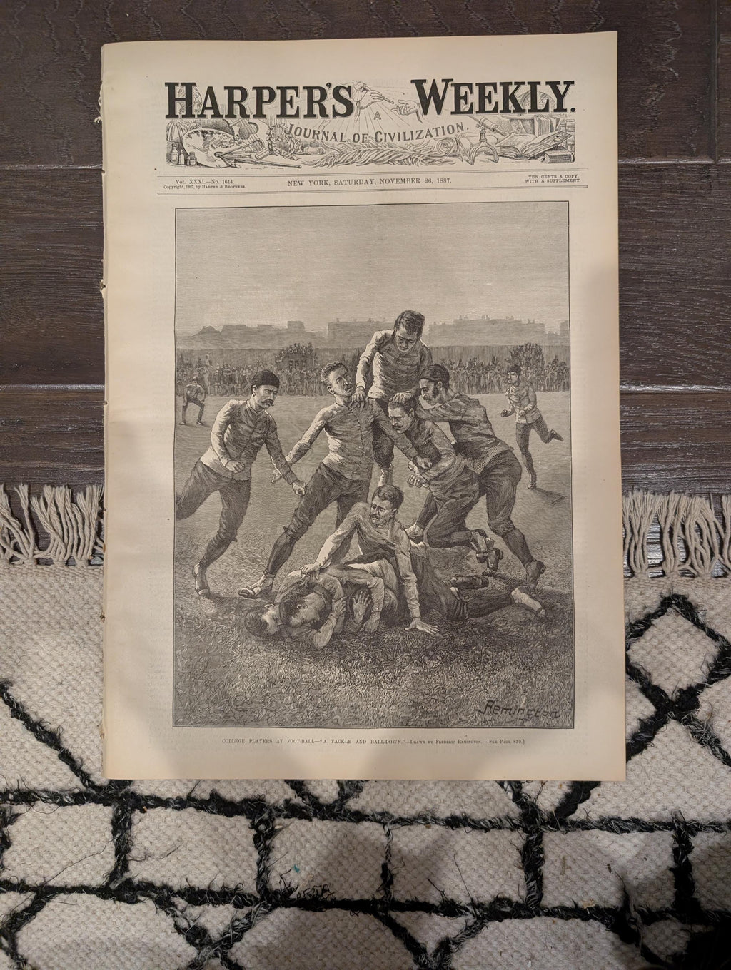 1887 Early Football and Baseball Harper’s Weekly Nov 26 – Remington Football Cover, San Francisco Baseball, Wild Hog Hunt, Naval Battle Scen