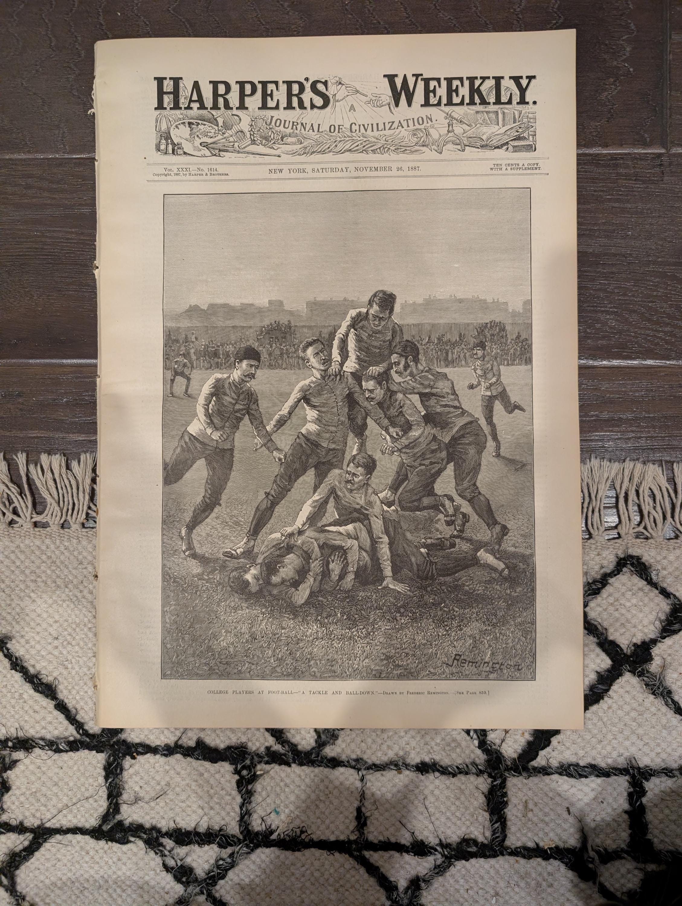 1887 Early Football and Baseball Harper’s Weekly Nov 26 – Remington Football Cover, San Francisco Baseball, Wild Hog Hunt, Naval Battle Scen