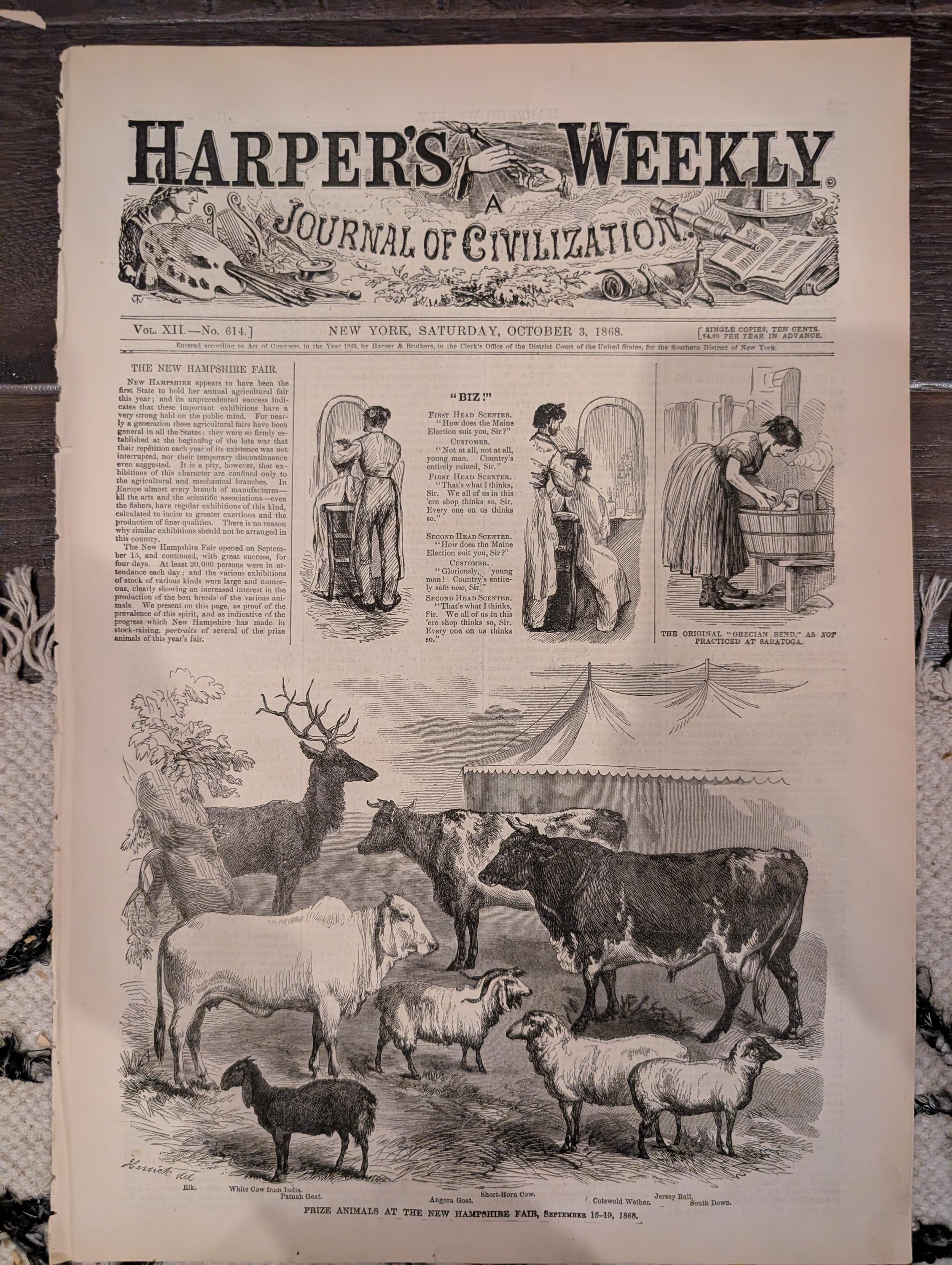 Harper’s Weekly – October 3, 1868 – International Cricket Match • Prize Animals • Nast’s “Modern Samson” • South American Earthquake • Freed