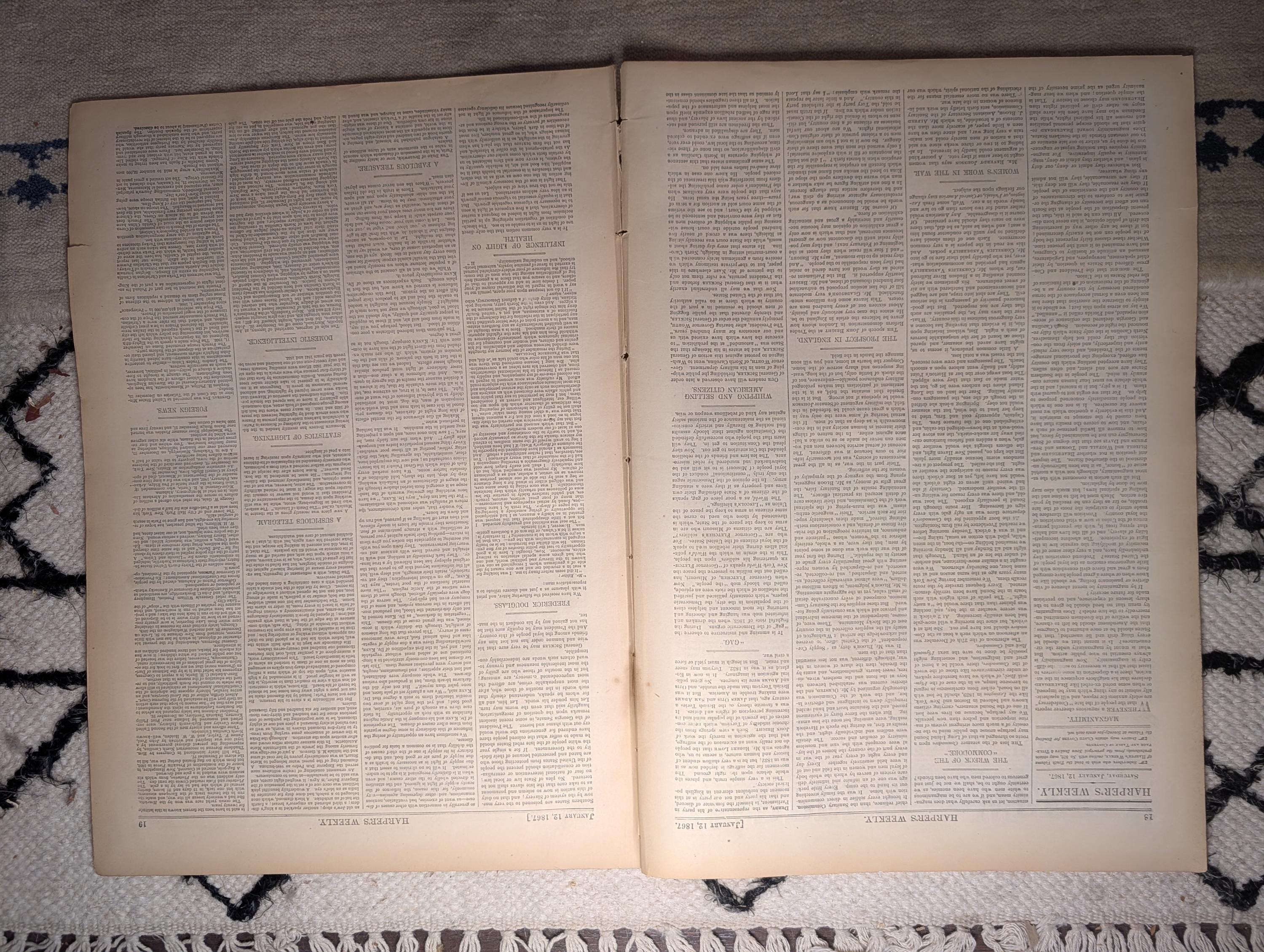 1867 Thomas Nast Emancipation Proclamation, Frederick Douglass Letter — Jan 12