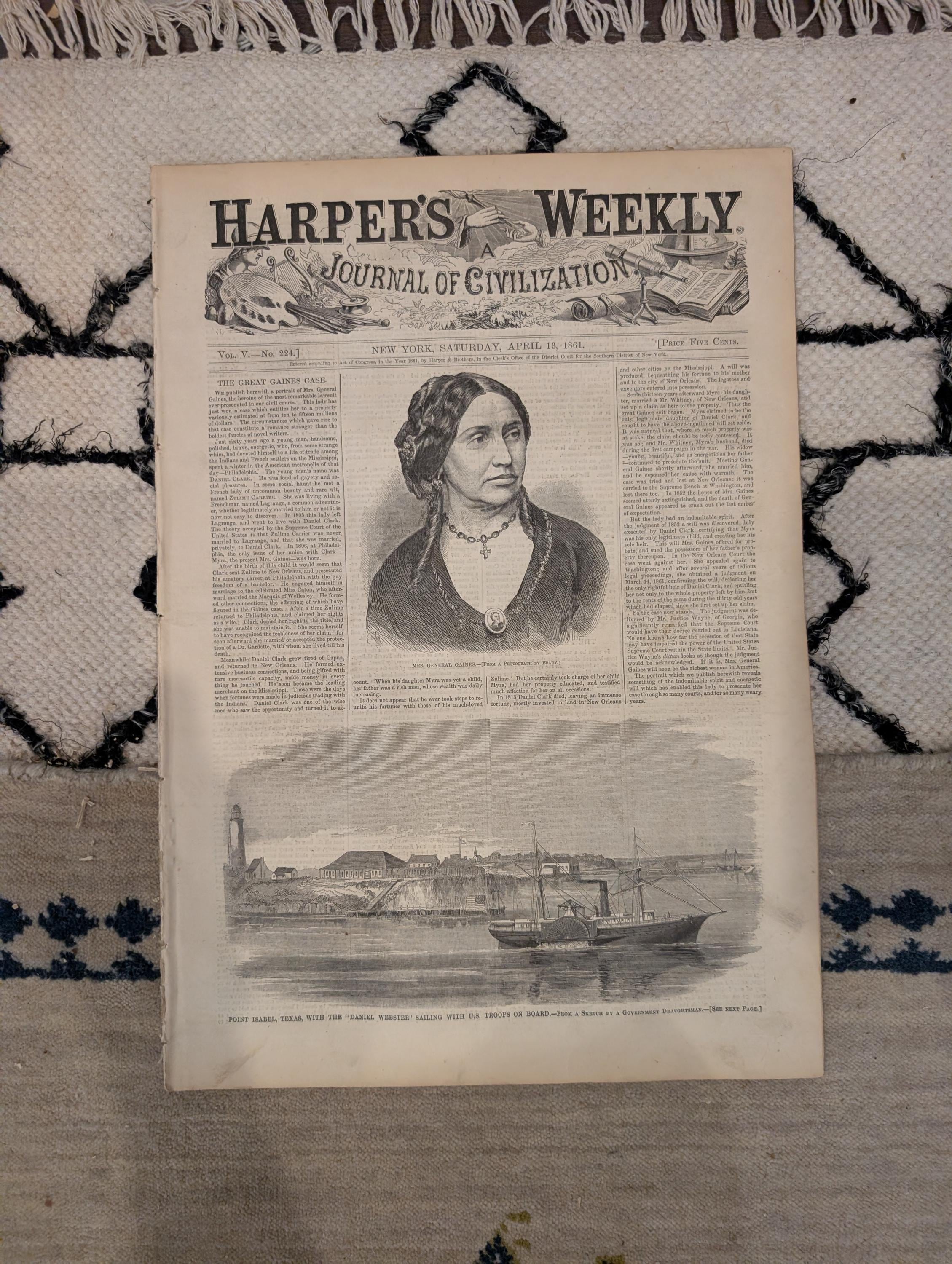 1861 Civil War Fort Pickens Harper's Weekly April 13 Lincoln Dickens
