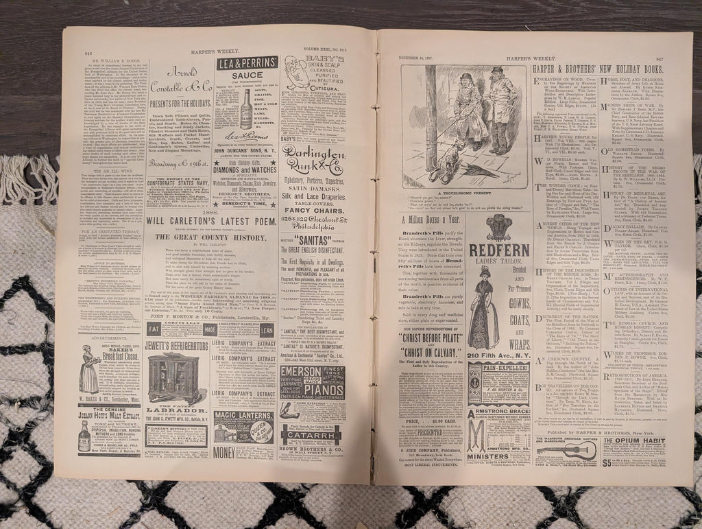 Harper’s Weekly Dec 24 1887 – Remington Canadian Mounted Police, Whittier Portrait, Captains Toast, Frontier Horse Auction