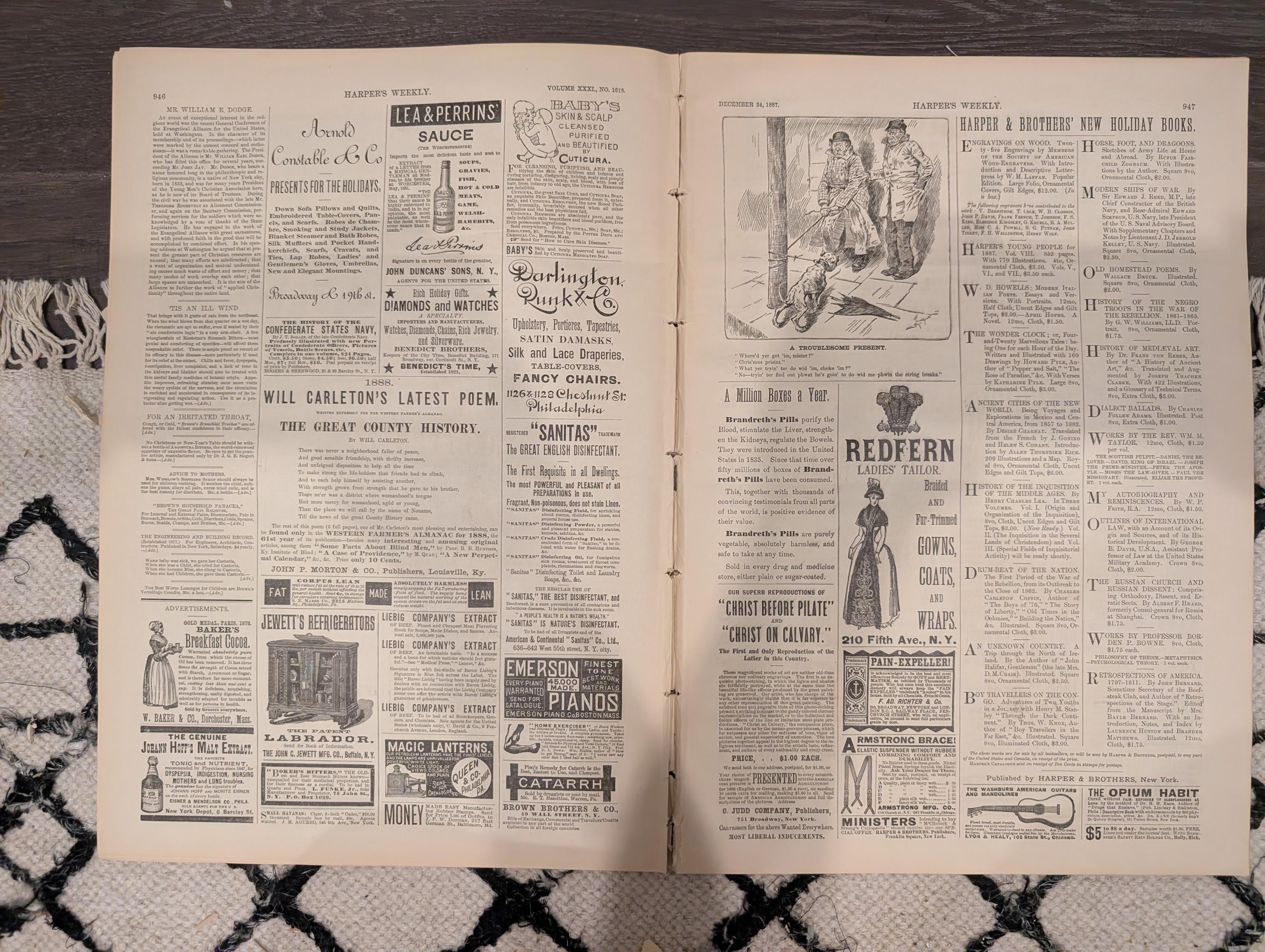 Harper’s Weekly Dec 24 1887 – Remington Canadian Mounted Police, Whittier Portrait, Captains Toast, Frontier Horse Auction