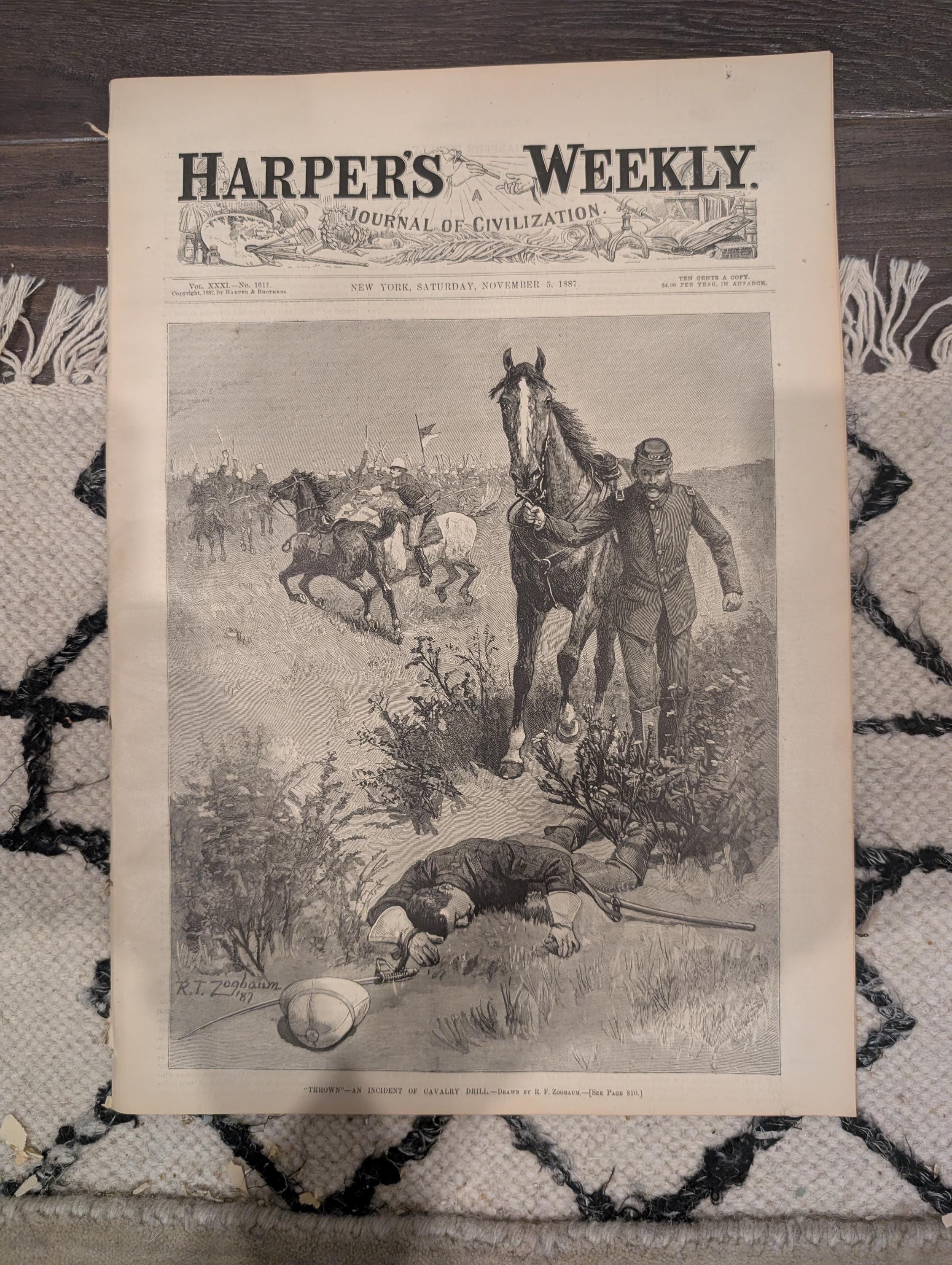 Harper’s Weekly Nov 5 1887 – Frederic Remington Crow Indians, Cavalry Drill, East River Bridge, Madison Sq Garden