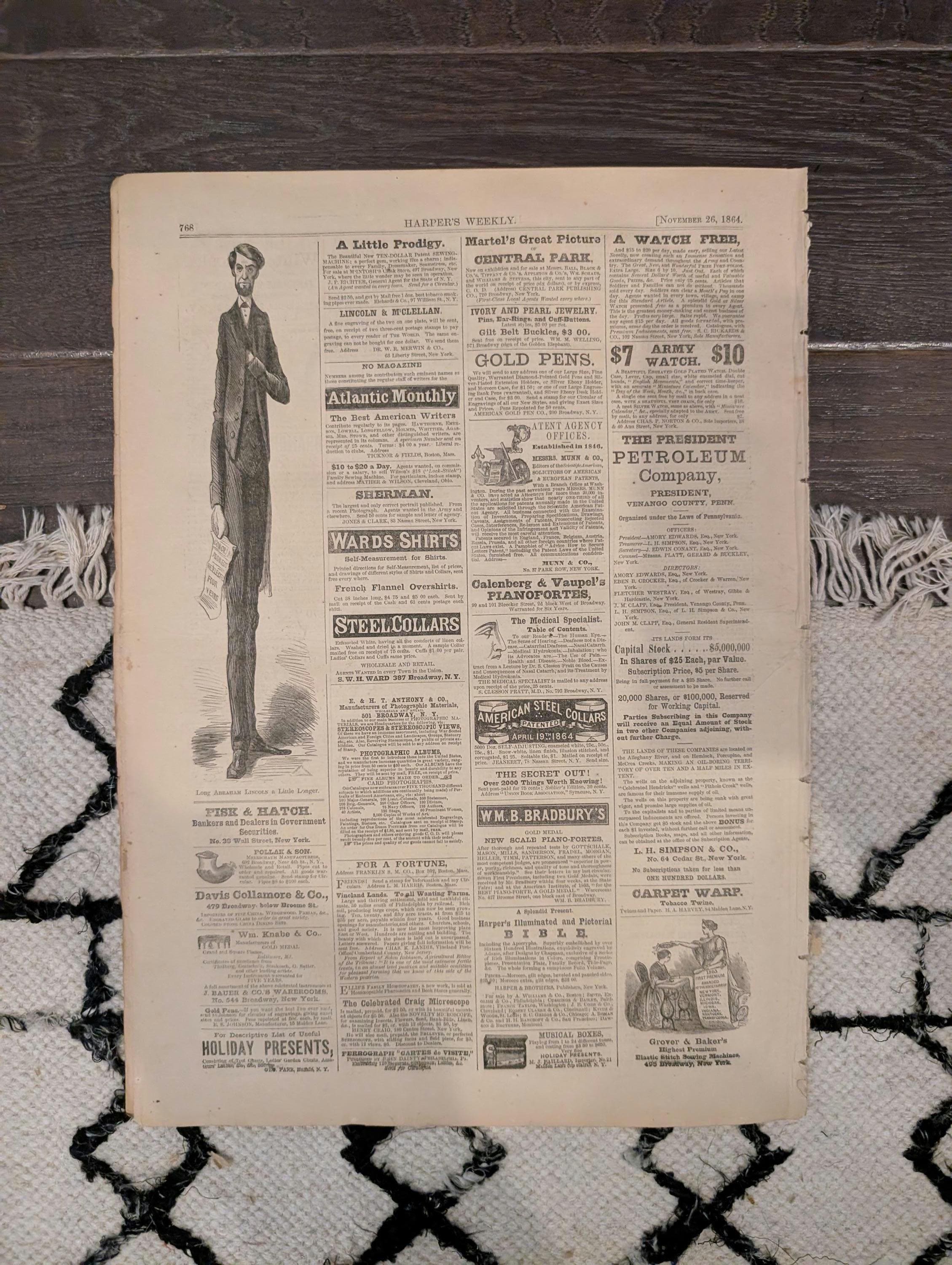 1864 Abraham Lincoln Longer Harper's Weekly November 26 Atlanta & Florida