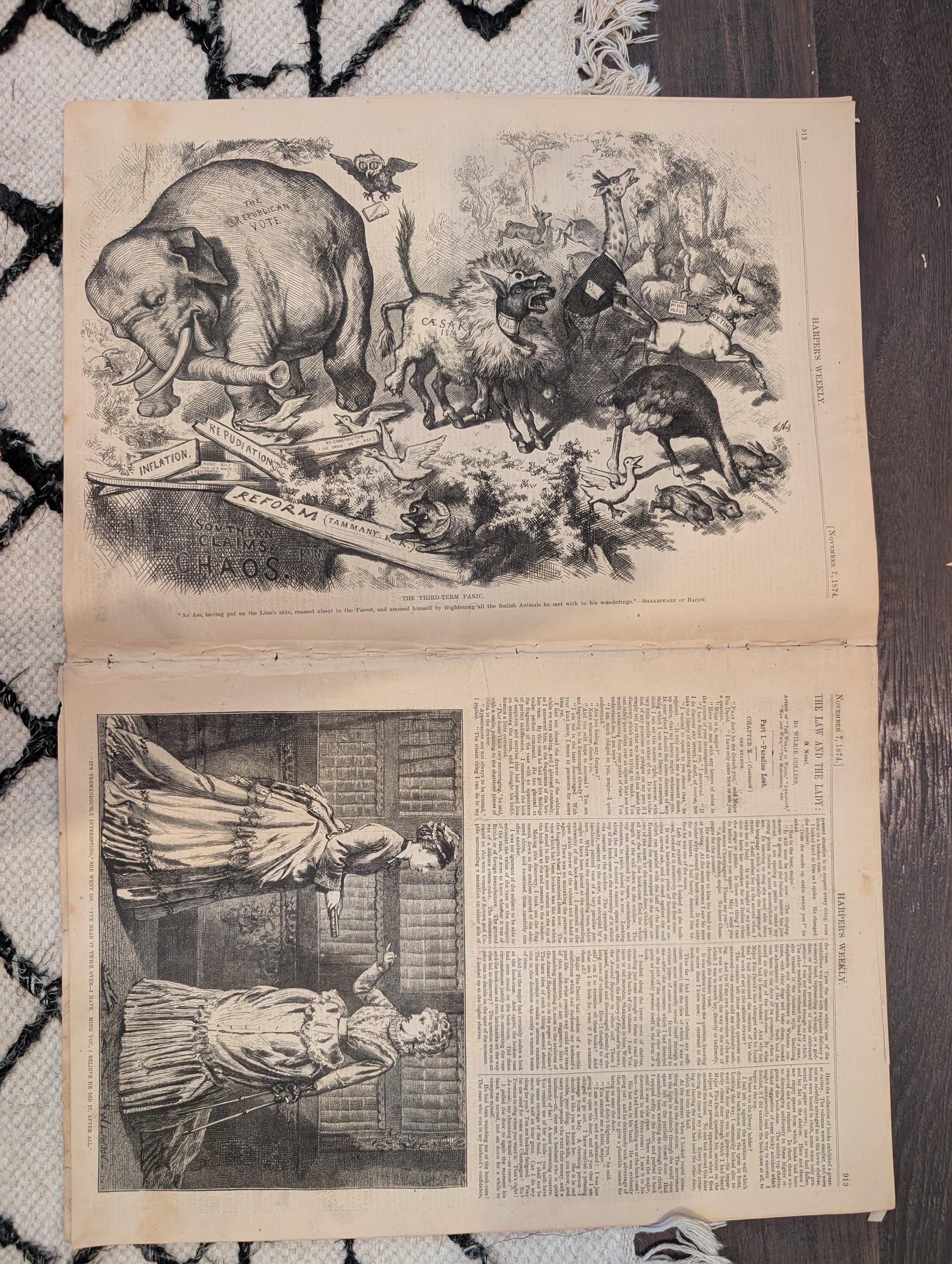 1874 FIRST Republican Elephant by Nast, Winslow Homer, Emigrants — Nov 7