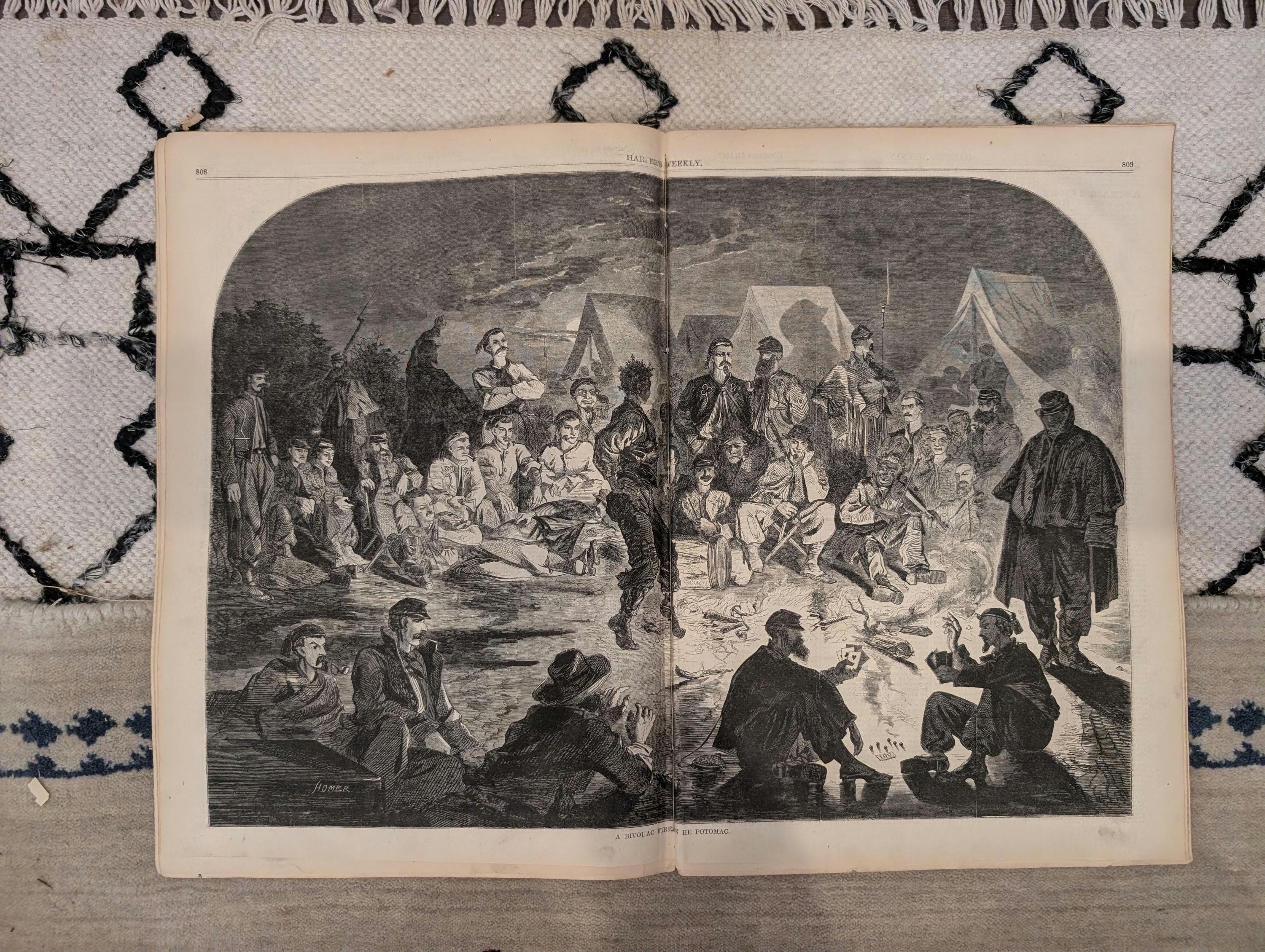 1861 Winslow Homer Bivouac Fire Harper's Weekly Dec 21 Ericsson Battery Tennessee Map